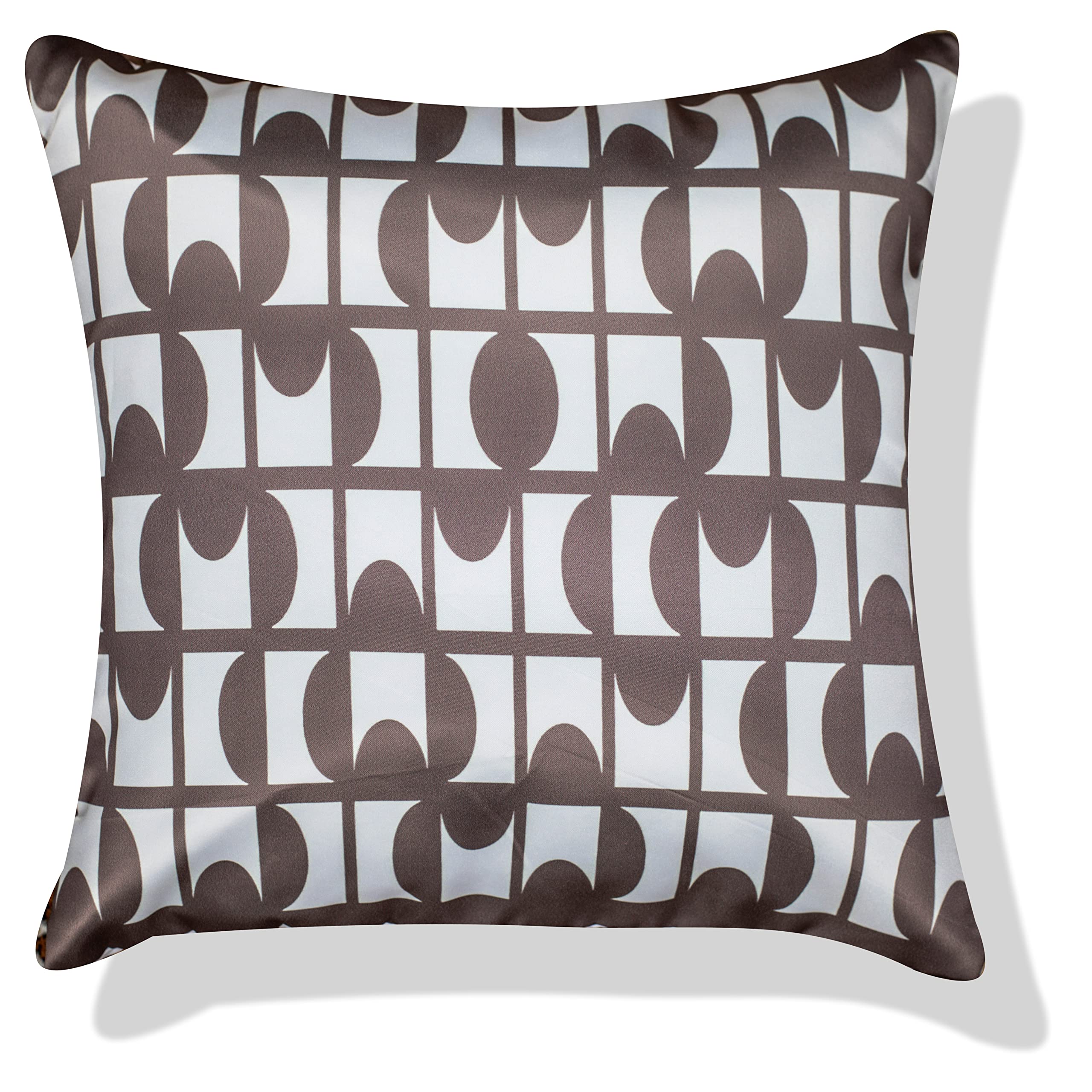 Vendola Decorative Satin Sofa Cushion Covers Set of 5, 16 inch x 16 inch, Sofa Cushion Pillow Cover, White and Brown, Geometrical Design, Zipper Closure (Cedar, 16X16 Inches)