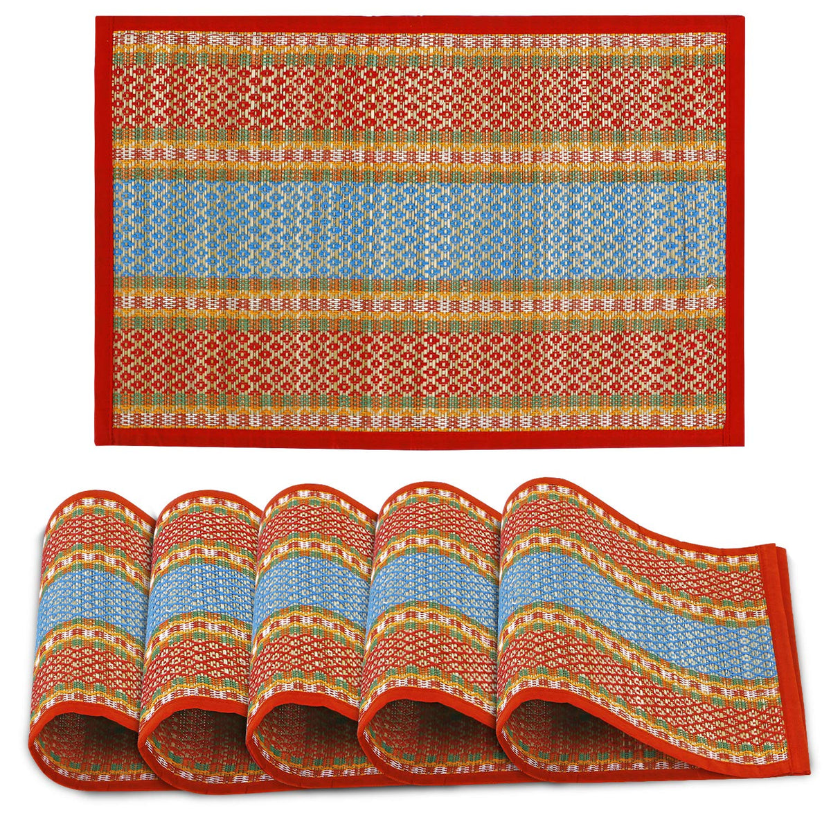 HOKIPO River Grass Handcrafted Madurkathi Heat Resistant Dinner Placemats for Dining Table, Rectangle, Red, 12x18 Inches -Set of 6 (R-IN75) Kafalo