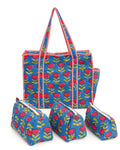 NIKAVIK 1 Tote Bags and 3 Pouch Quilted fabric Handblock Printed Tote Bag(with zip) and bottle compartment with Matching Pouches (Blue Red)