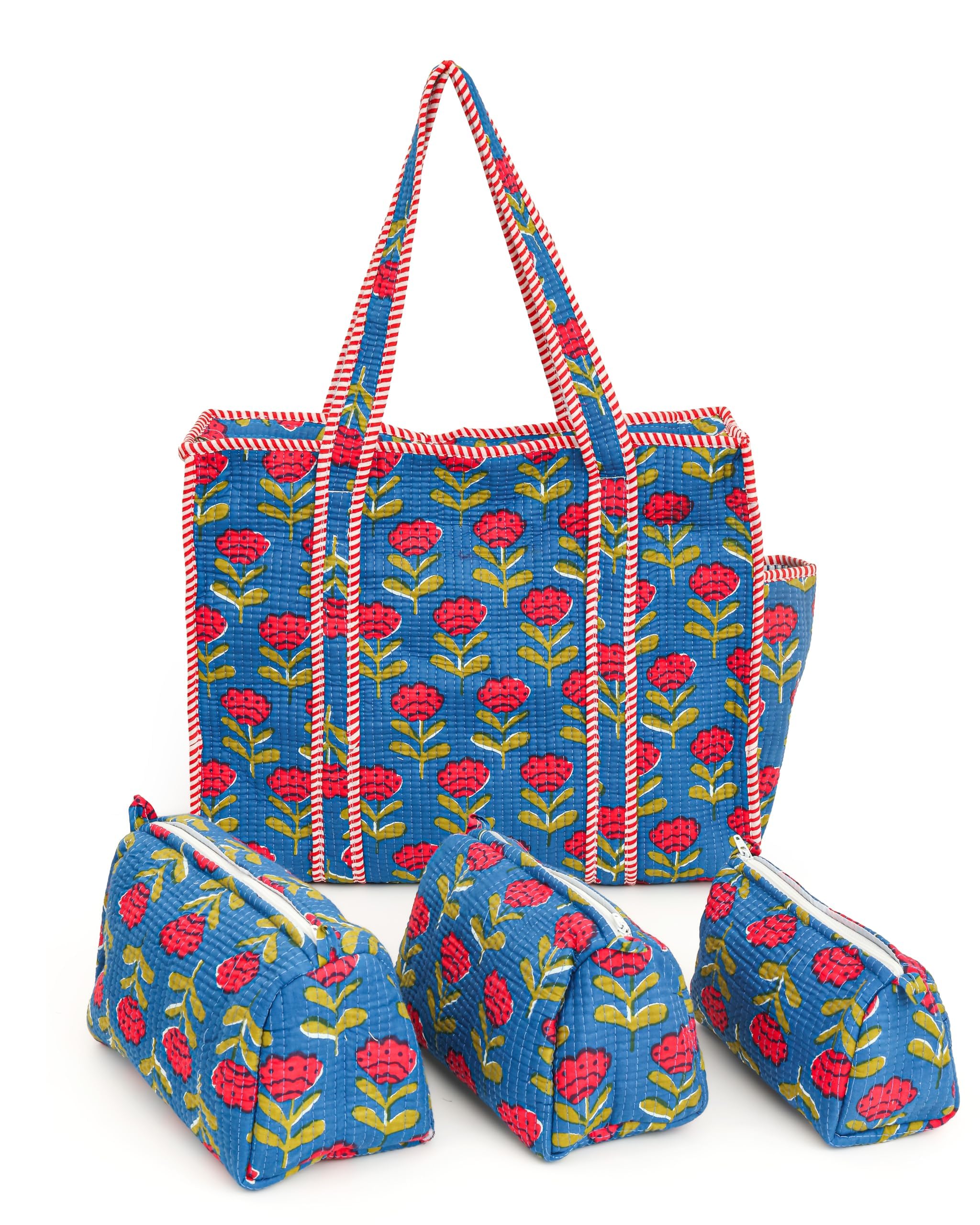 NIKAVIK 1 Tote Bags and 3 Pouch Quilted fabric Handblock Printed Tote Bag(with zip) and bottle compartment with Matching Pouches (Blue Red)