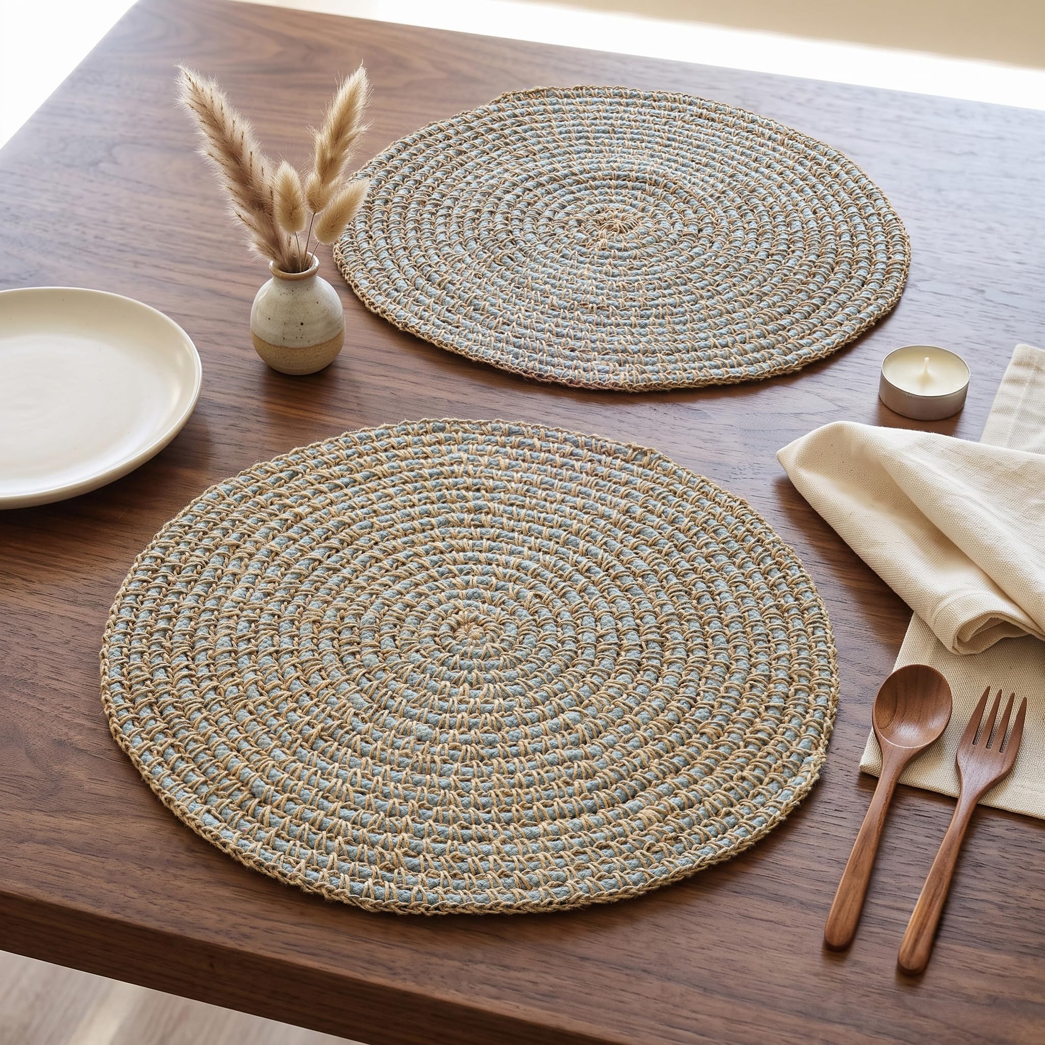 R home Blue Coastal Coil Round Cotton Placemat, 15 Inch (38 cm), Handmade Washable Dining Table Mat, Heat Resistant Table Place Mat for Dining Table, Side Table & Console Kafalo