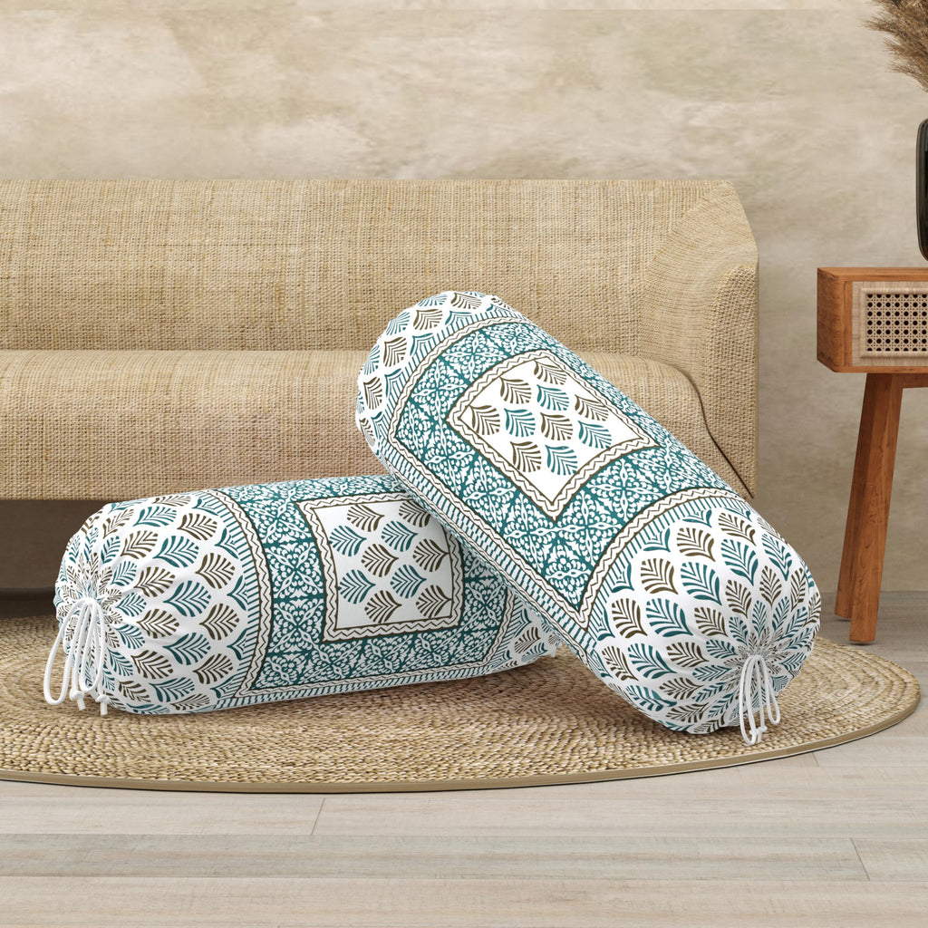 BLOCKS OF INDIA Cotton Hand Block Printed Bolster Cover | Booster Cover with Drawstring | Round Long Pillow Cover for Bed | Dewan Pillow Cover Set 16 X 32 | Set of 2 (Green Motifs)