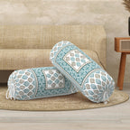 BLOCKS OF INDIA Cotton Hand Block Printed Bolster Cover | Booster Cover with Drawstring | Round Long Pillow Cover for Bed | Dewan Pillow Cover Set 16 X 32 | Set of 2 (Green Motifs)