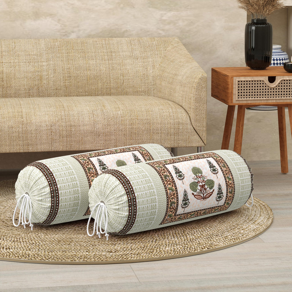BLOCKS OF INDIA Cotton Hand Block Printed Bolster Cover | Booster Cover with Drawstring | Round Long Pillow Cover for Bed | Dewan Pillow Cover Set 16 X 32 | Set of 2 (Color 26)