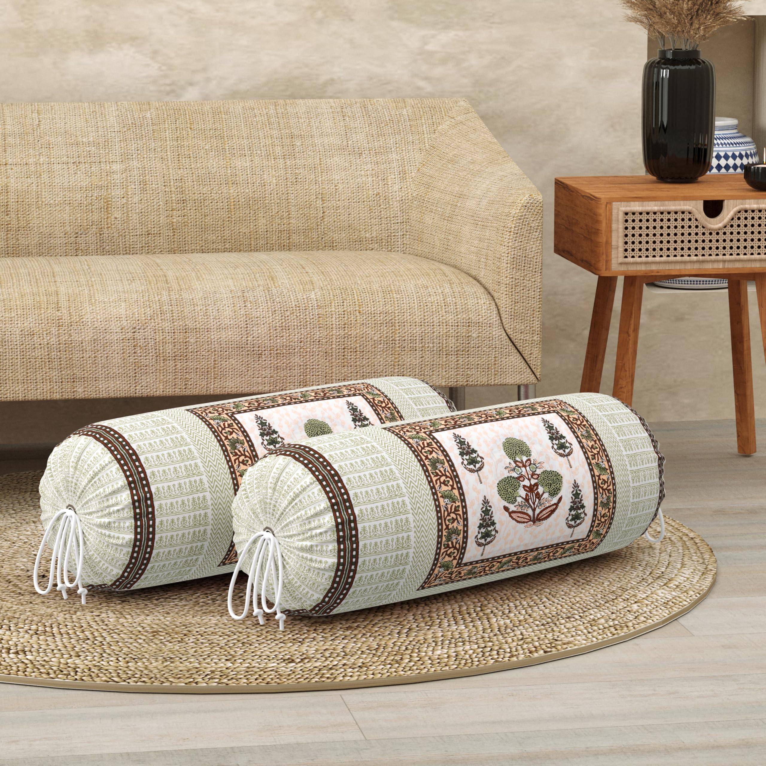 BLOCKS OF INDIA Cotton Hand Block Printed Bolster Cover | Booster Cover with Drawstring | Round Long Pillow Cover for Bed | Dewan Pillow Cover Set 16 X 32 | Set of 2 (Color 26)