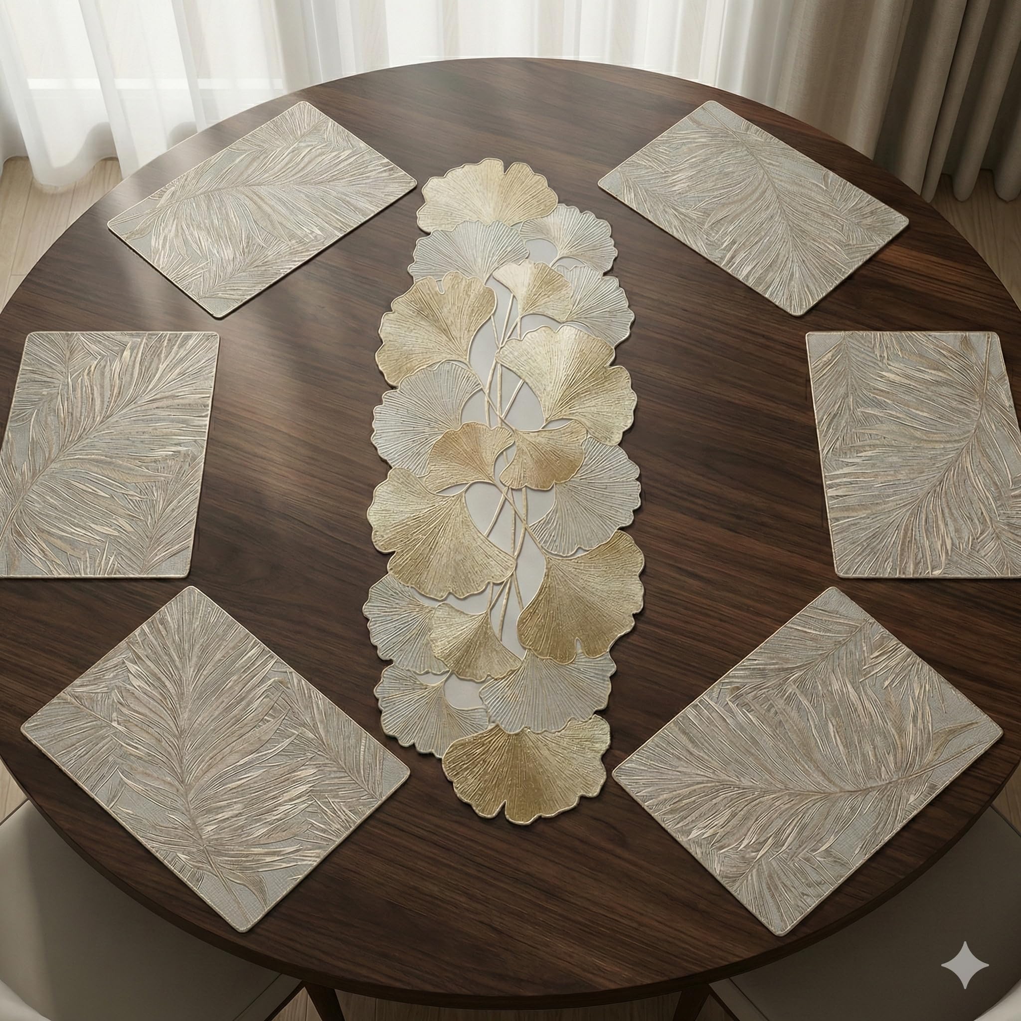 Combo Table Mat and Table Runner Set for Dining Table |Complete Table Cover Set for Plates & Cutlery |Suitable for Home and Everyday Use (Combo Fern + Tulip, 8 pcs + 1 Runner) Kafalo