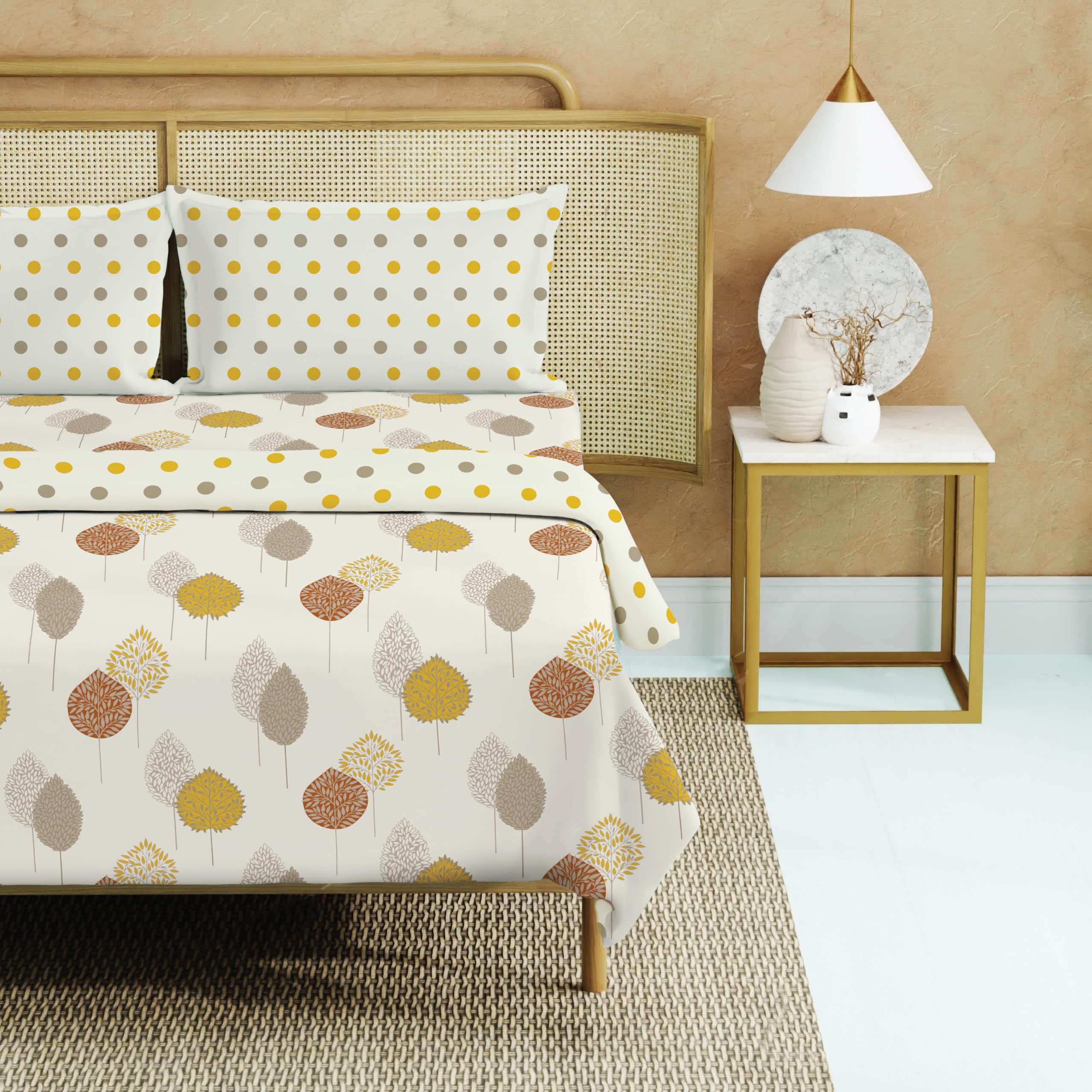 Urban Space 100% Cotton AC Comforter/Blanket/Duvet for Double Bed with 1 Cotton Double Bedsheet with 2 Pillow Covers (4 Piece Bedding Set, Drops Mustard) Kafalo