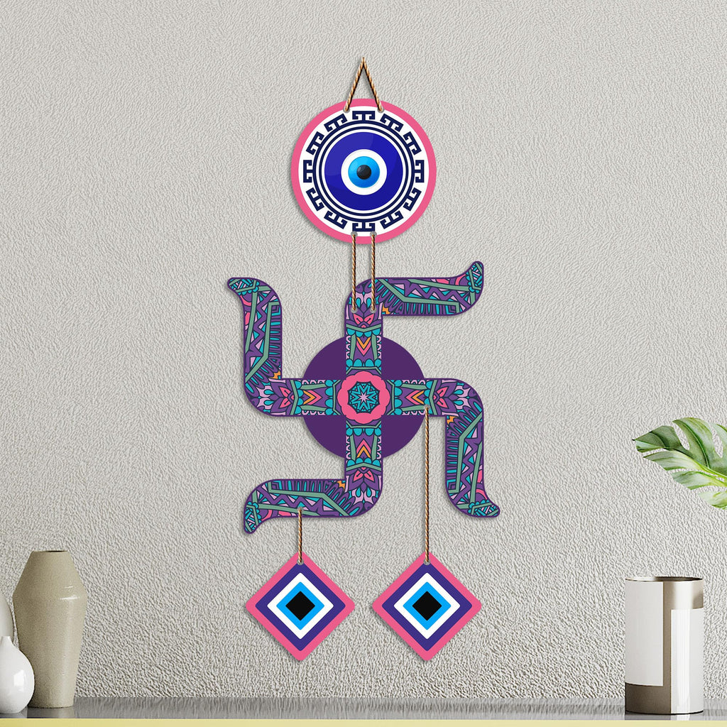 Artvibes Swastik Evil Eye Wall Hanging for Home Entrance Door Decor | Sacred Hindu Swastik Symbol with Nazar Battu Protection for Positive Energy | Good Luck | Vastu & Spiritual Wall Art (WH_85108N)