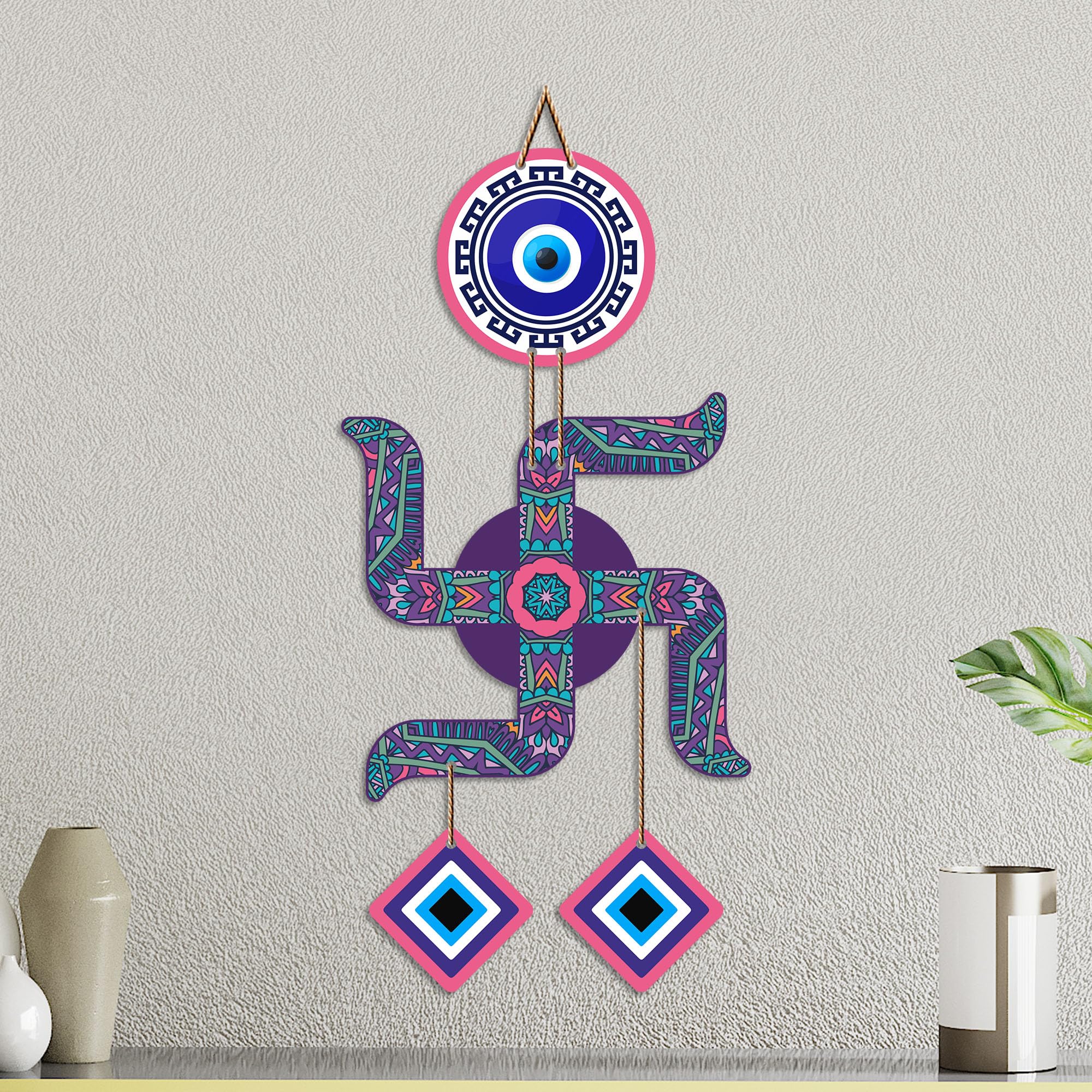 Artvibes Swastik Evil Eye Wall Hanging for Home Entrance Door Decor | Sacred Hindu Swastik Symbol with Nazar Battu Protection for Positive Energy | Good Luck | Vastu & Spiritual Wall Art (WH_85108N)