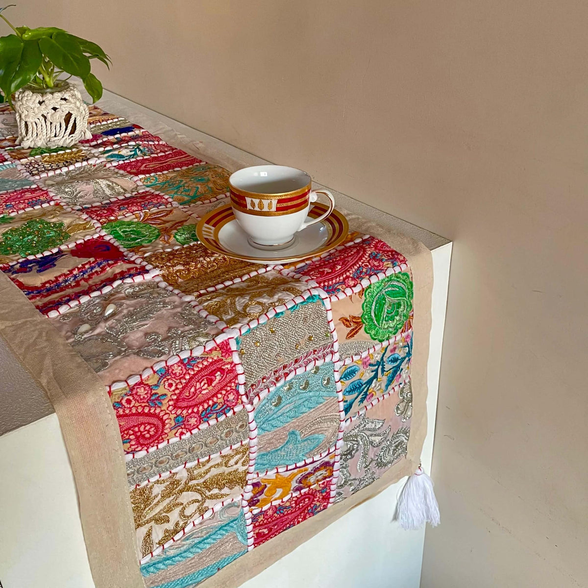 ATRANGI STUDIO Patchwork Table Runner | Traditional Rajasthani Khambadiya Craft | Handmade Dining Table Runner for Home Decor | Colourful Dining Setup | 16x72 Inch, White