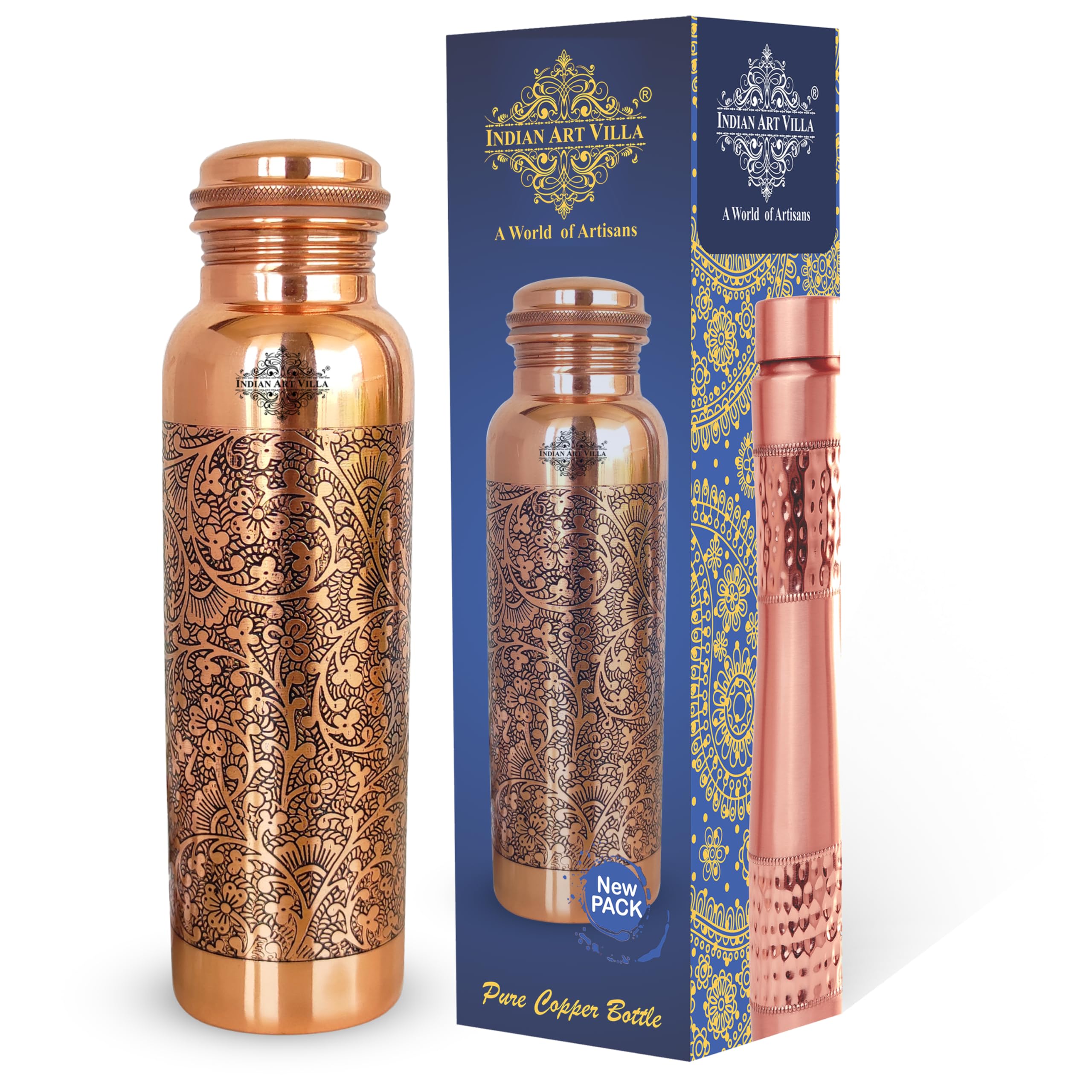 Indian Art Villa Copper Water Bottle, Dark Embossed Design, Ayurvedic Health Benefits, Brown (900 ml/0.9 Litre)