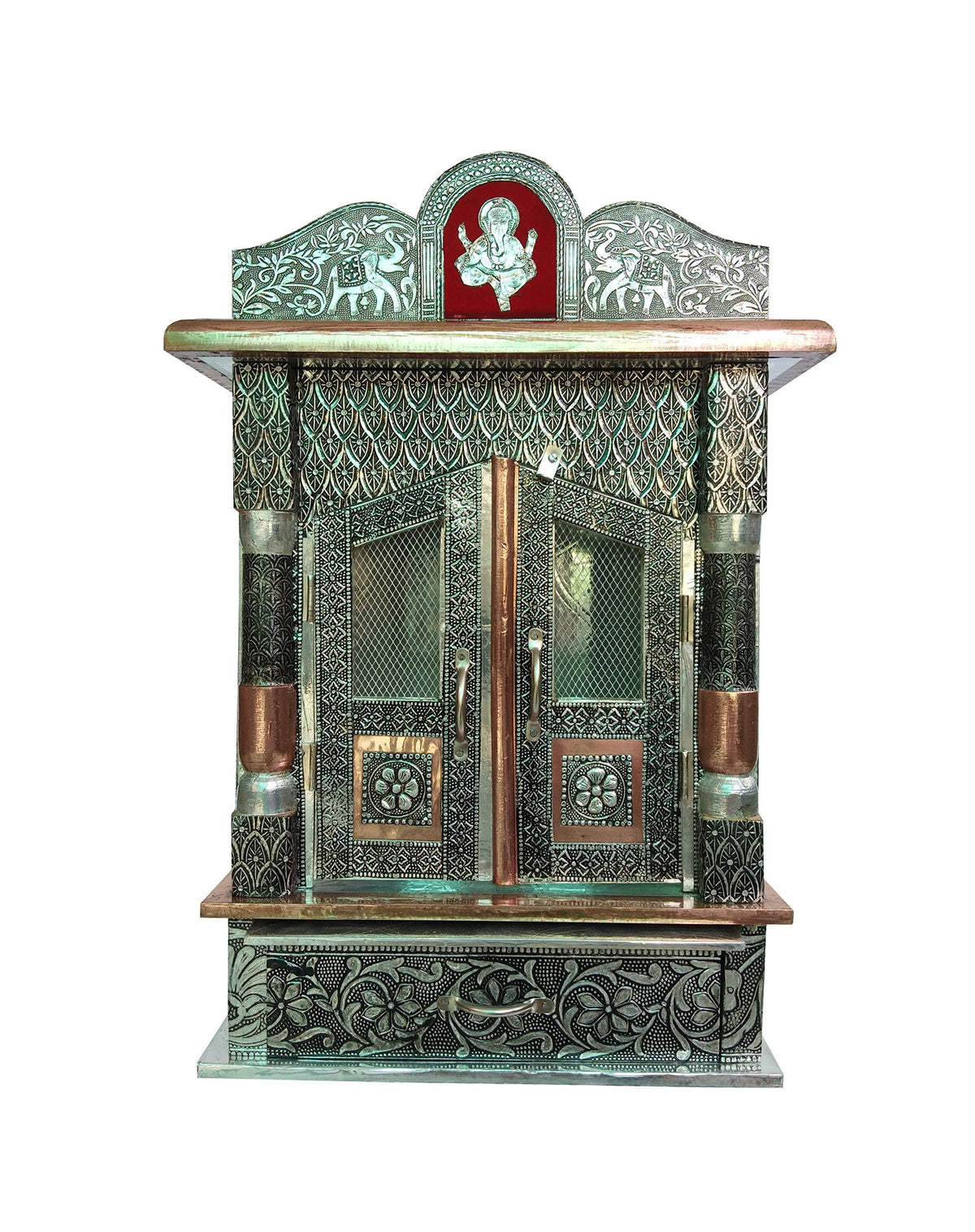 Brilliant Home Designs Wood Aluminium and Copper Oxidized Home Temple (L-12, B-7 inches)