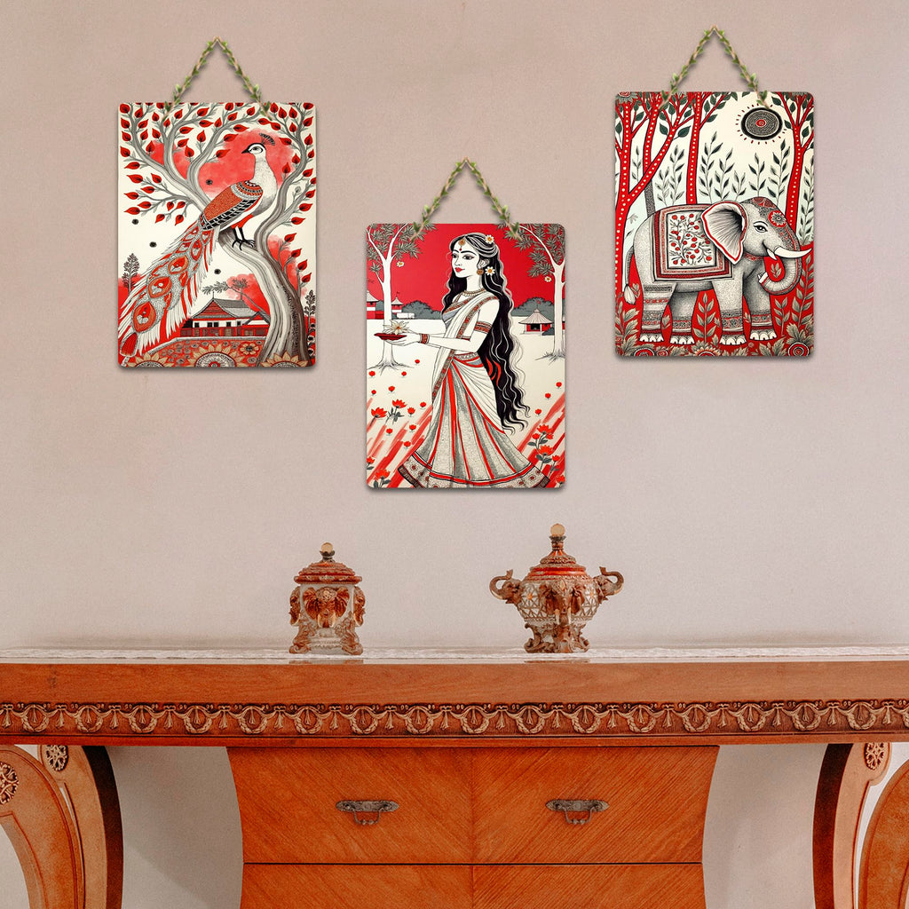 Artvibes Traditional Indian Nature Wall Decor Decorative Wall Art MDF Wooden Wall Hanger for Living Room | Home Decor | Wall Accent | Aesthetic Wooden Decor | Ideal Gifts (WH_96107N), Set of 3