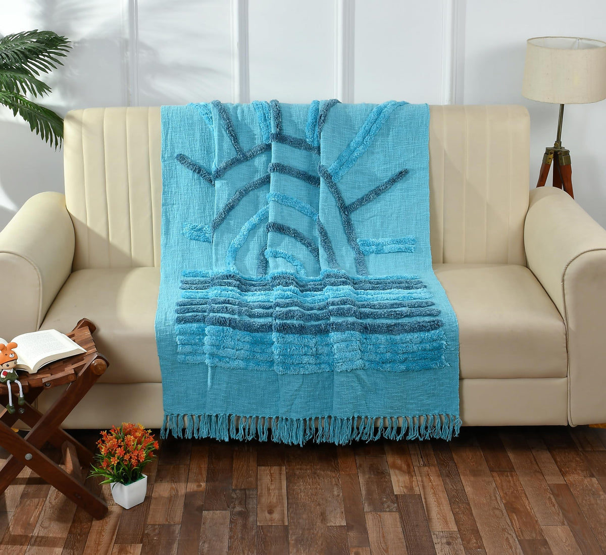 WEAVERS HUT 100% Handloom Aqua & Blue Cotton Sofa Throw | 50×60 inch Soft Lightweight Boho Blanket for Sofa & Bed | Decorative All-Season Couch Cover with Tassels Kafalo