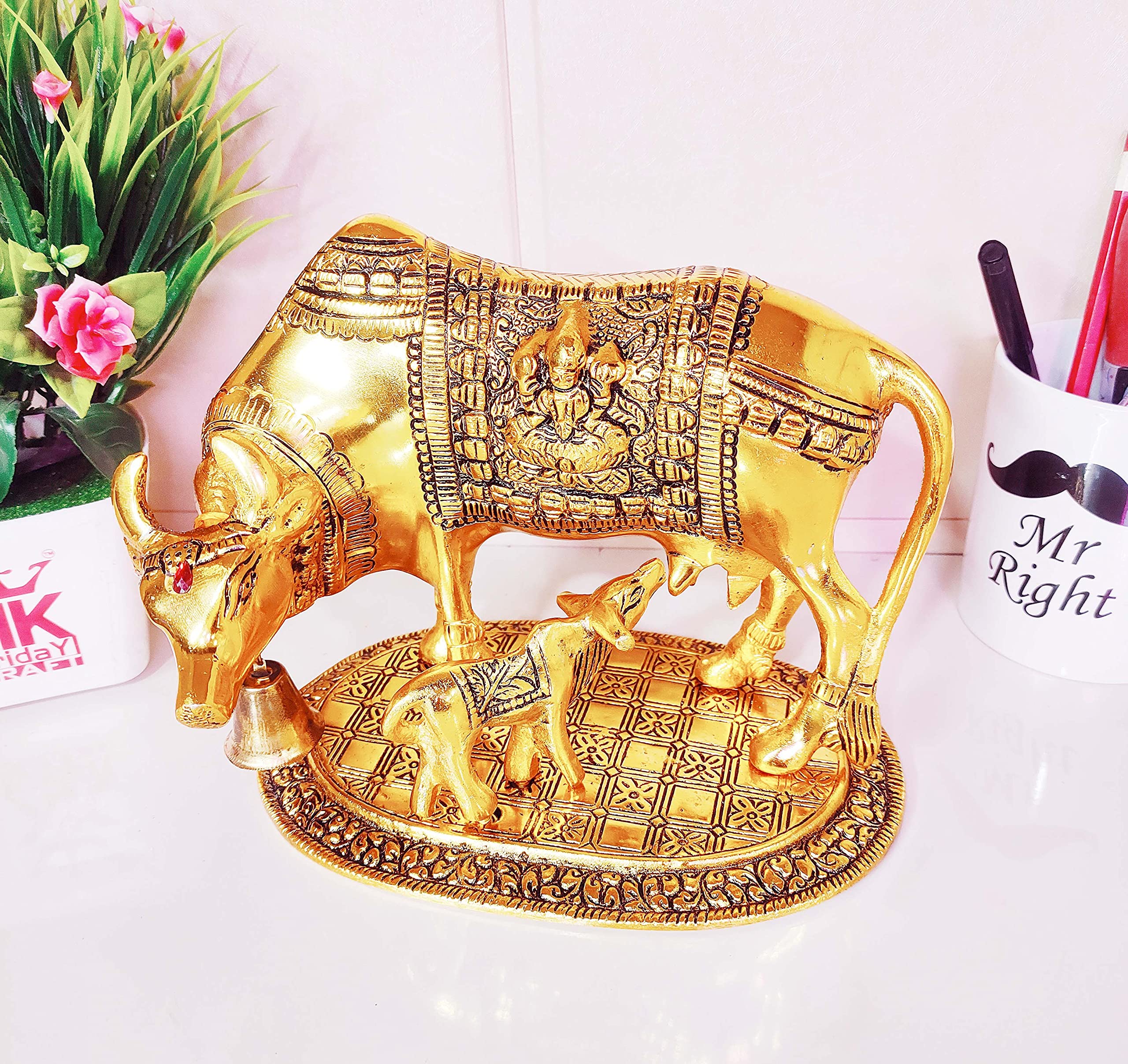 KridayKraft Kamdhenu Cow,Calf with Bal Gopal Krishna Metal Statue for Good Luck,Feng Shui As Table Top Figurine,Vastu,Religious Gau MATA Idol
