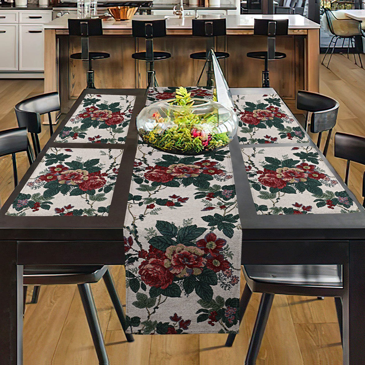 PRAKARTIK BY INDUARTS Rose Floral Eco-Friendly Cotton Dining Table Mats with Runner – Reusable, Machine Washable, Everyday Use Red Rectangular Placemats, Set of 4+180 cm Runner Kafalo