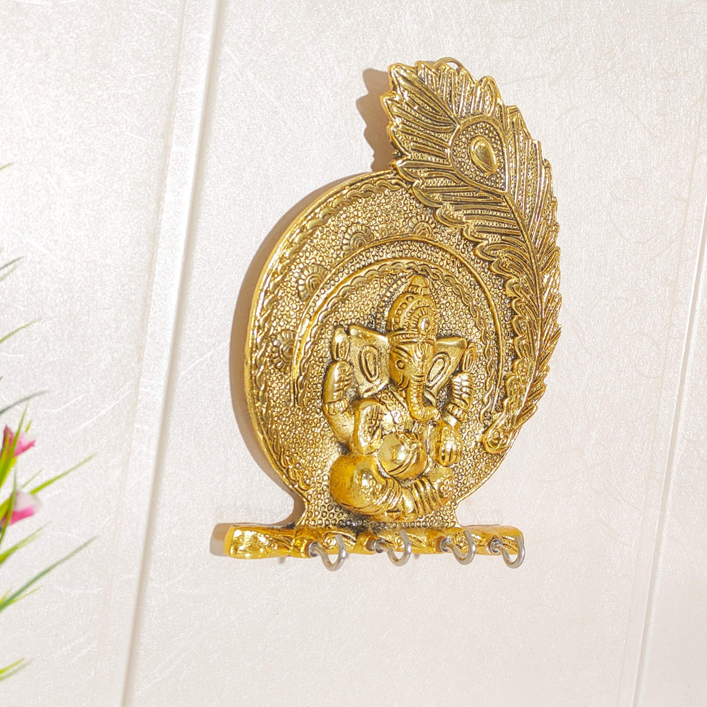 KridayKraft Metal Ganesha ji Key Holder with Meena Work Decorative for Wall | Ganesh Statue/Religious | Idol/Wall Hanging (Ganesh Pankhi)