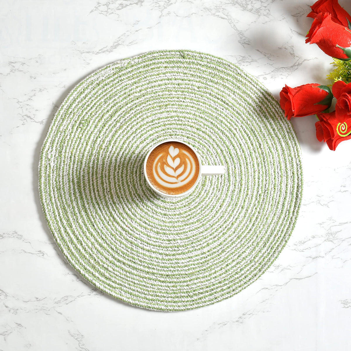 LaVichitra Braided Cotton Placemats 33 Cm Round - Dining Table, Bed Side/Centre Table/Shelves -Green - 6 Piece Kafalo