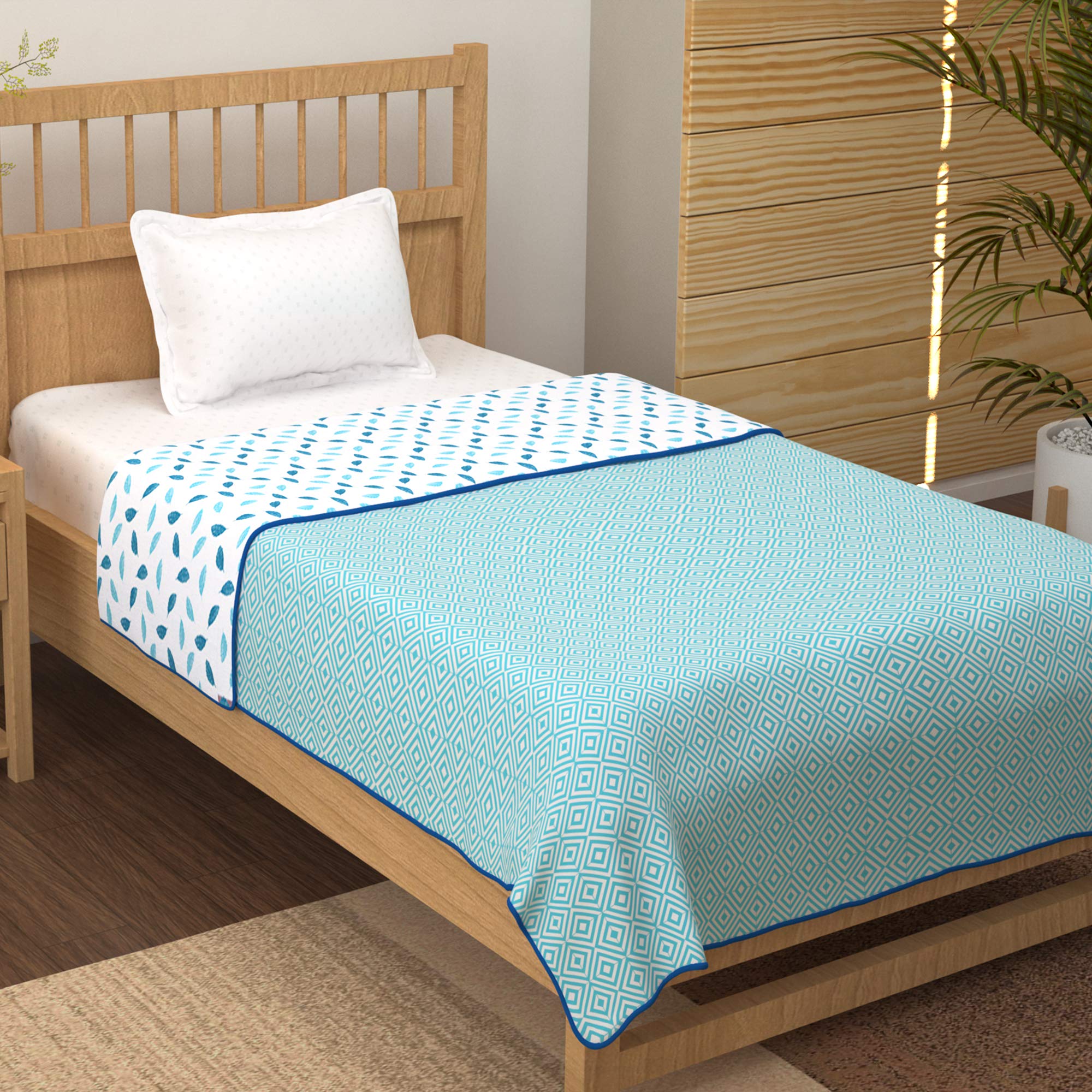 Story@Home Dohar Single Bed 100% Cotton AC Blanket for Summer | 144x 220CM, 150GSM Ac Comforter and AC Blanket for Summer | White & Blue Leaf Pattern Reversible Duvet Quilt All-Season Blanket Kafalo