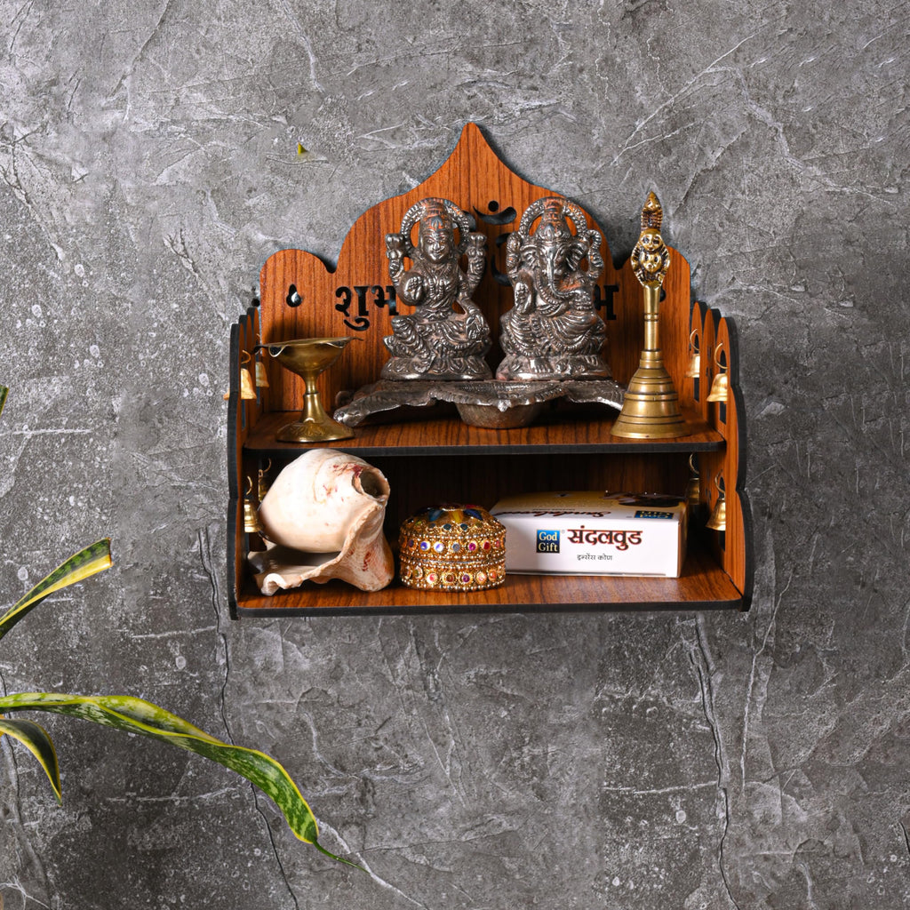 GOJEEVA KRAFT Engineered Wood Hand Crafted Carved Pattern Home Temple for Idols Temple for Home and Office I OM Devghar | Set Top Box Stand I Wooden Mandir (Pack of 1) (Medium)