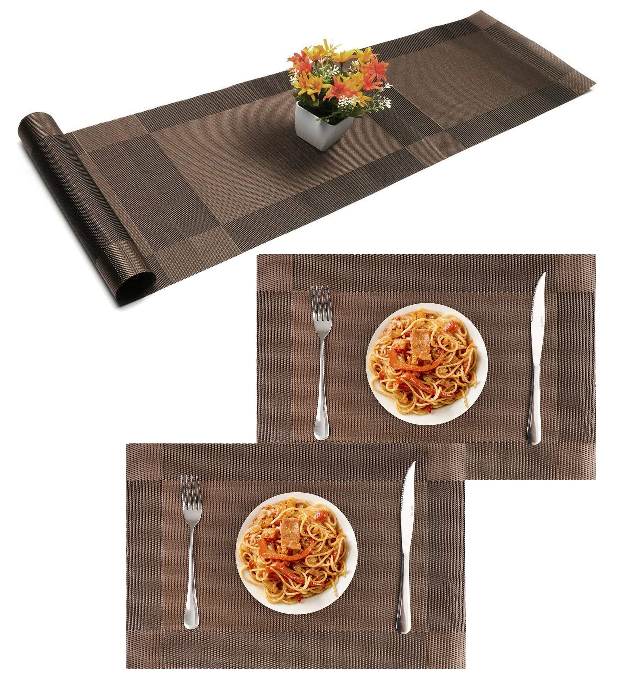 WOODTULA Placemats with Table Runner Sets - Washable Kitchen Tablemat - Table Mats for Dining Table - Non-Slip Placemat - Table Runner (2-Piece Placemat, 1-Piece Runner, Brown) Kafalo