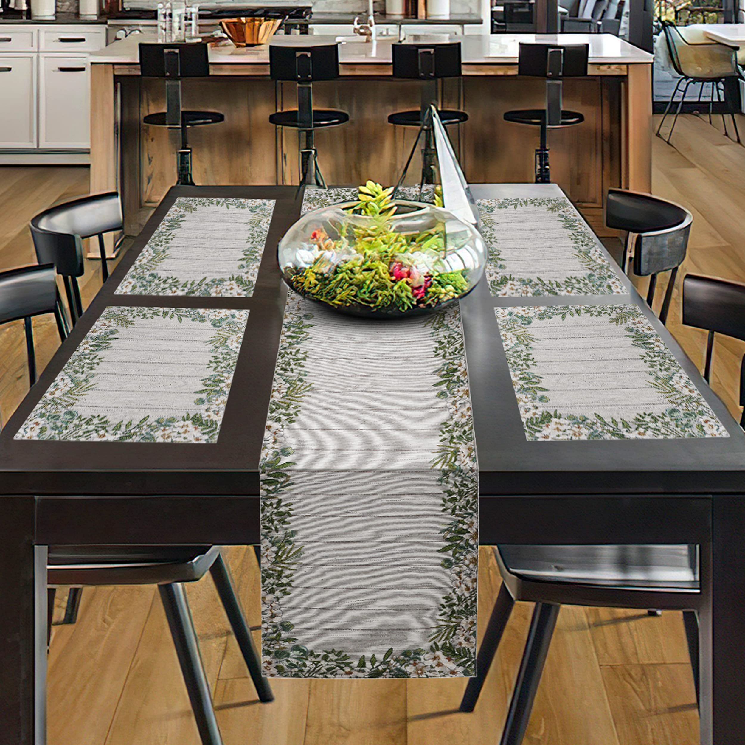 PRAKARTIK BY INDUARTS Daisy Flower Eco-Friendly Cotton Dining Rectangular Table Mat with Runner - Reusable, Machine Washable, Everyday Use Green & White (Set of 4+180 cm Runner) Kafalo