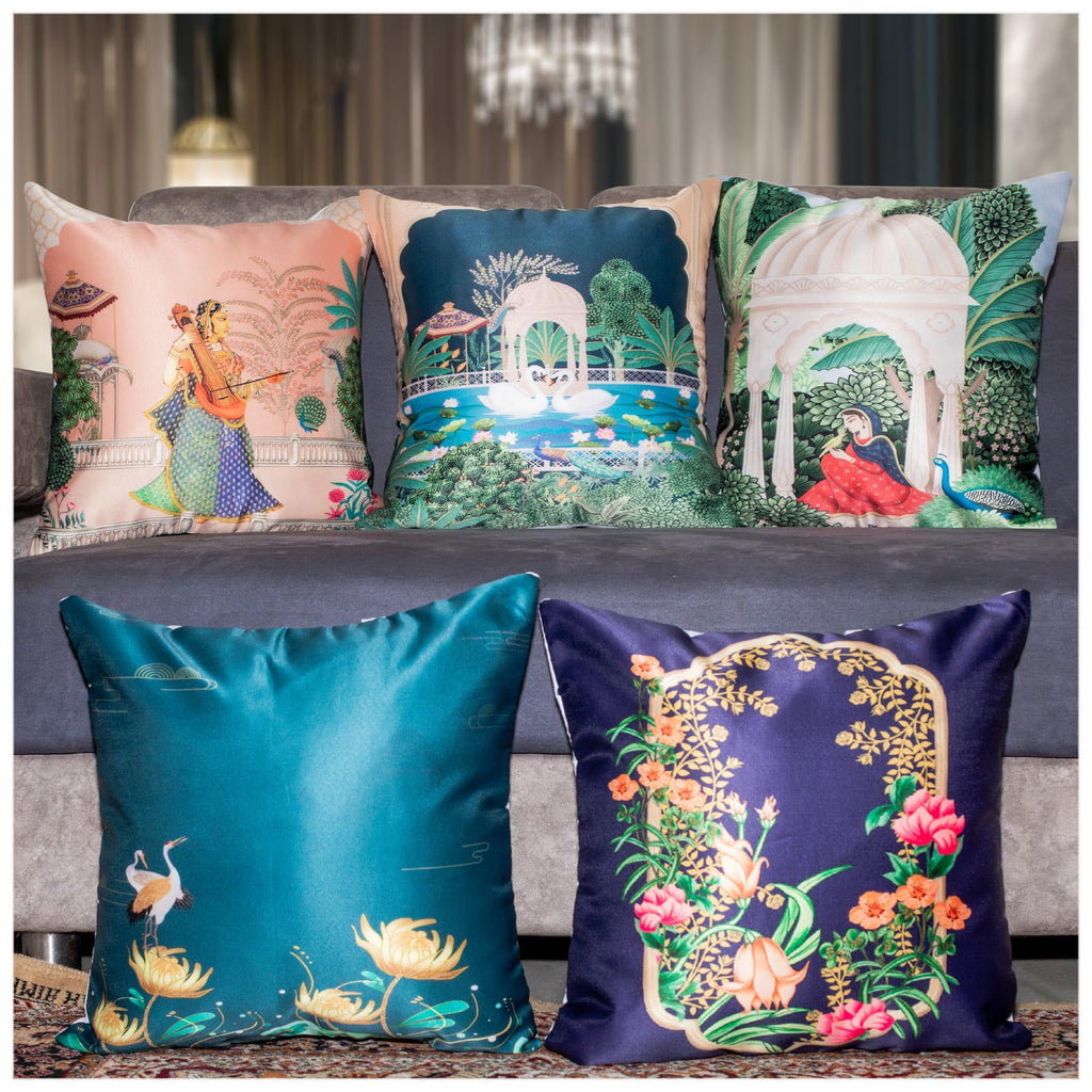 Vendola Decorative Satin Sofa Cushion Covers Set of 5, 24 Inch x 24 Inch, Sofa Pillow Cover, Ethnic Festive, Multicolor, Swan, Rajasthani Design Zipper Closure (Sahliyo Ki Bari 24X24 Inches)