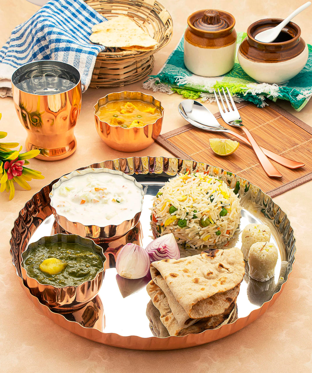 Silverglow Platter Stainless Steel Copper Dinner Set of 7pcs, Copper Dinner thali Set, bartan Set, Durable, Gift for Anniversary, Wedding, Diwali, Hotel thali Set, Luxury Dinner Set