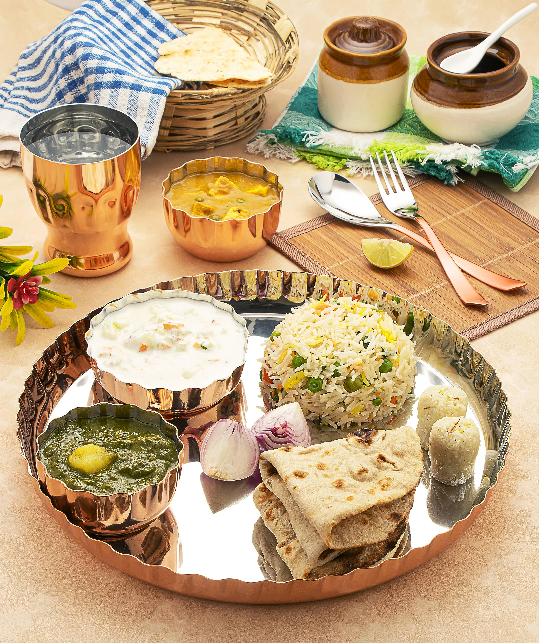 Silverglow Platter Stainless Steel Copper Dinner Set of 7pcs, Copper Dinner thali Set, bartan Set, Durable, Gift for Anniversary, Wedding, Diwali, Hotel thali Set, Luxury Dinner Set