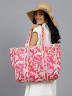 Ravaiyaa - Attitude is everything Women & Man Beautiful Printed Cotton Grocery Shopping Bag | Shoulder Bag | Cotton Tote Bag | Travel Tote Bags 18x5.5x16 Inch (Pink Floral)
