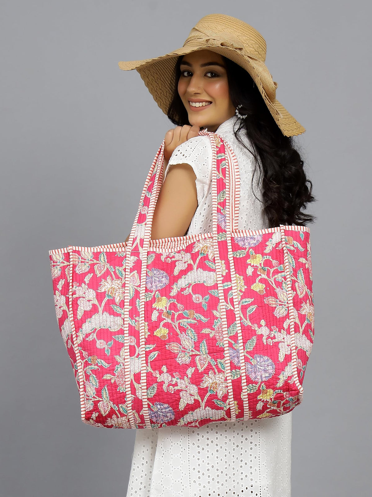 Ravaiyaa - Attitude is everything Women & Man Beautiful Printed Cotton Grocery Shopping Bag | Shoulder Bag | Cotton Tote Bag | Travel Tote Bags 18x5.5x16 Inch (Pink Floral)