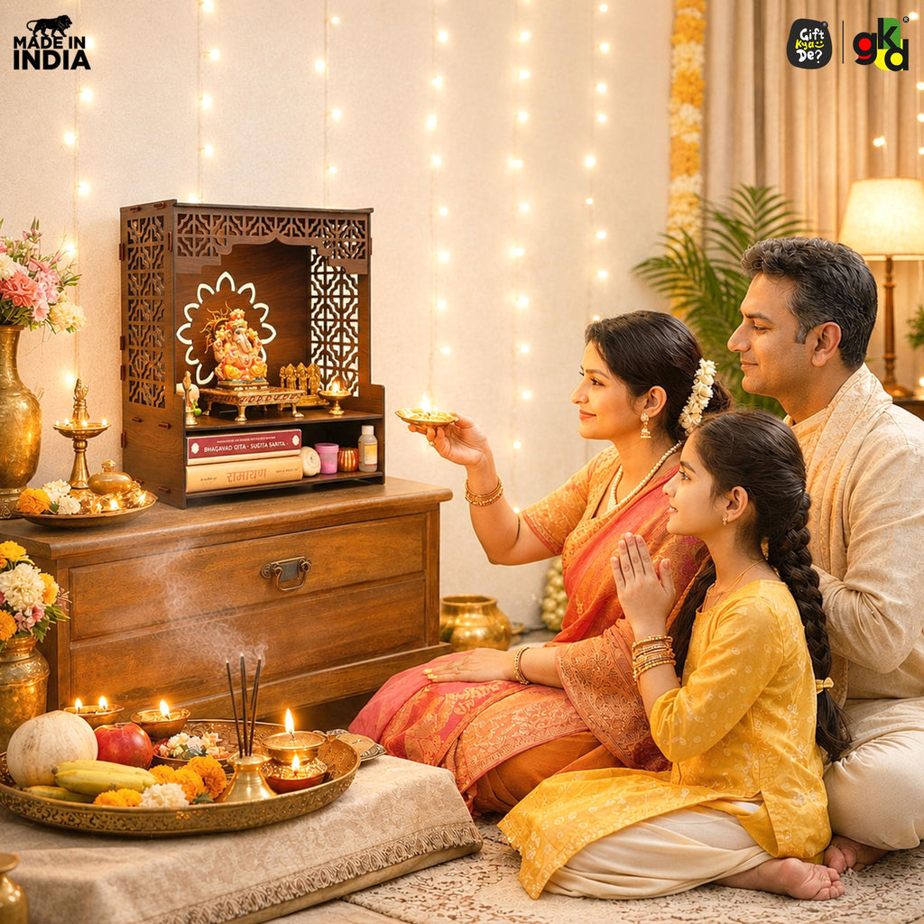 Gift Kya De GKD Wooden Beautiful Pooja Stand for Home Mandir | Temple for Home and Office Puja Mandir for Office Wall with LED Spot Light Product (H- 18, L- 16, W-8.75 Inch) (Big Om)