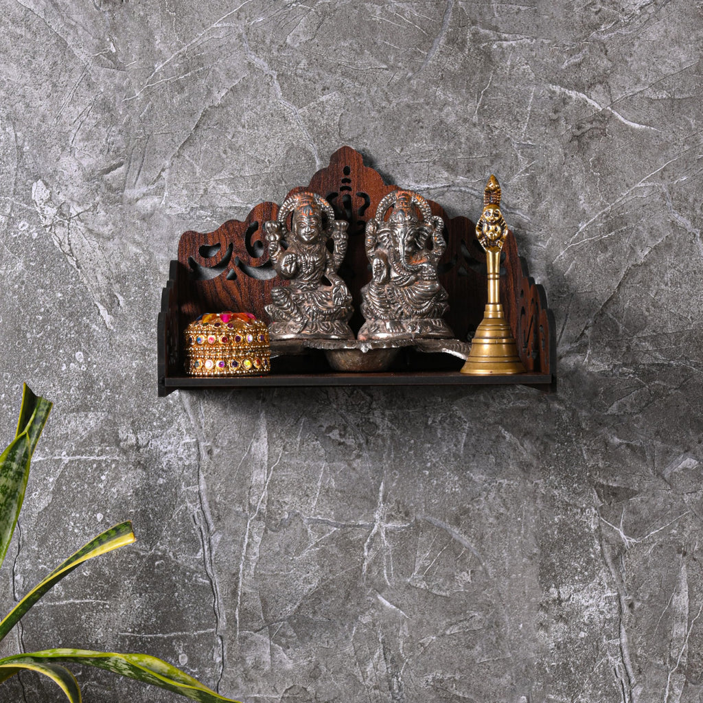 GOJEEVA KRAFT Engineered Wood Hand Crafted Carved Pattern Home Temple for Idols Temple for Home and Office I Ganesh Ji Engraved | Set Top Box Stand I Wooden Mandir (Pack of 1) (Medium)