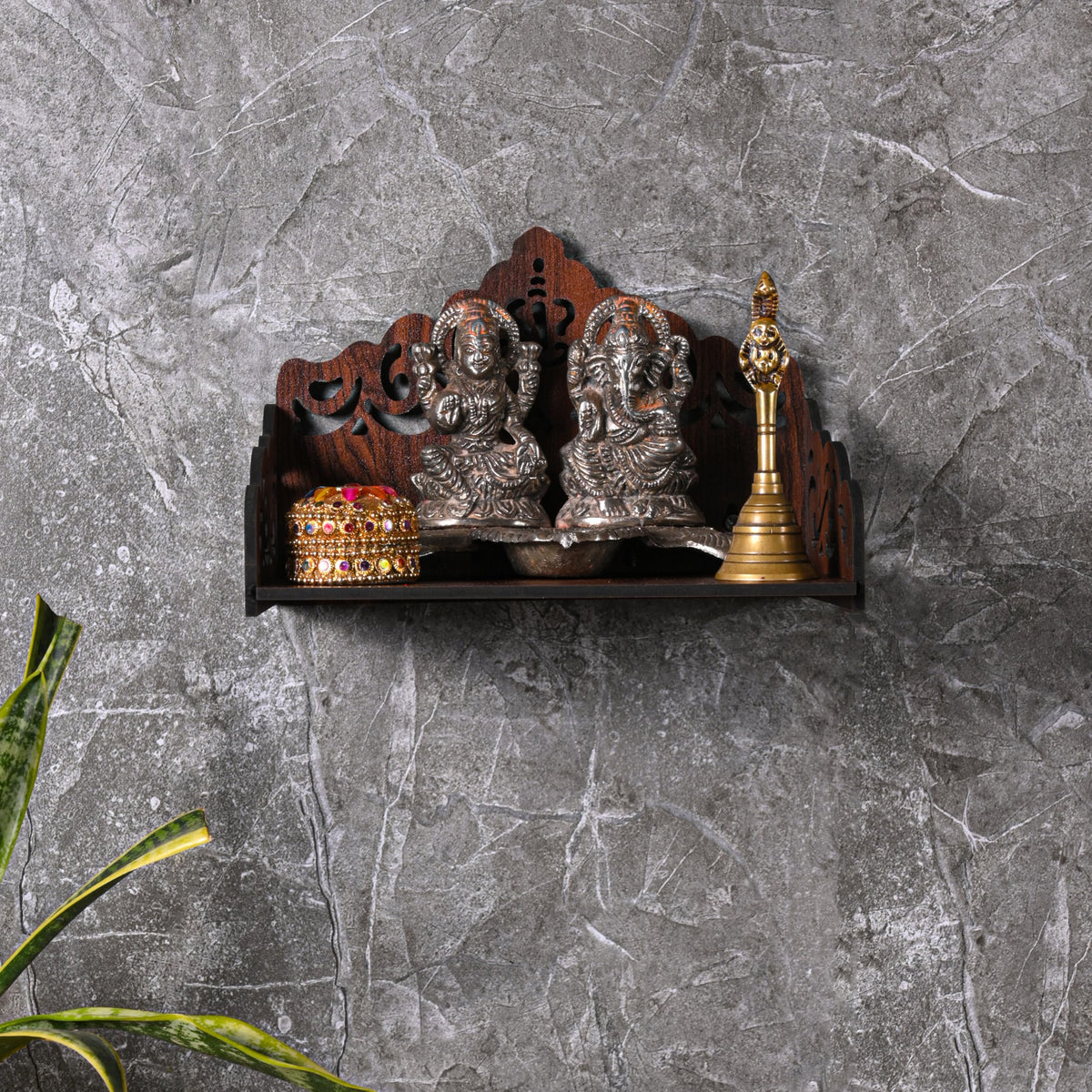 GOJEEVA KRAFT Engineered Wood Hand Crafted Carved Pattern Home Temple for Idols Temple for Home and Office I Ganesh Ji Engraved | Set Top Box Stand I Wooden Mandir (Pack of 1) (Medium)
