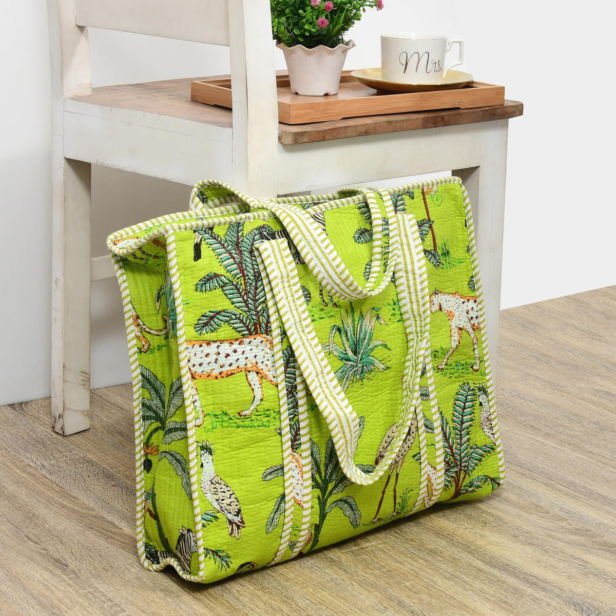 MITTICO Quilted Cotton Tote Bag for Women – Handmade Large Shoulder Handbag with Zipper & Multiple Pockets | Lightweight Travel Tote for Office, Shopping & Daily Use | Parrot Green Jungle Print