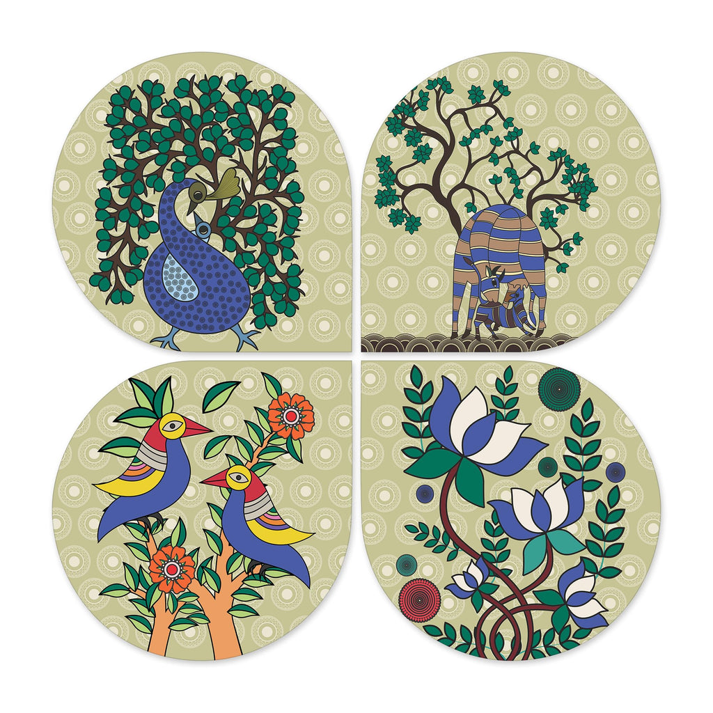 Artvibes Floral Animal Decorative Wall Art MDF Wooden Wall Hanger for Living Room | Modern Decoration Items | Festive Decor | Art Print | Paintings For Wall | Unique Gift Items (WH_8437N), Set of 4
