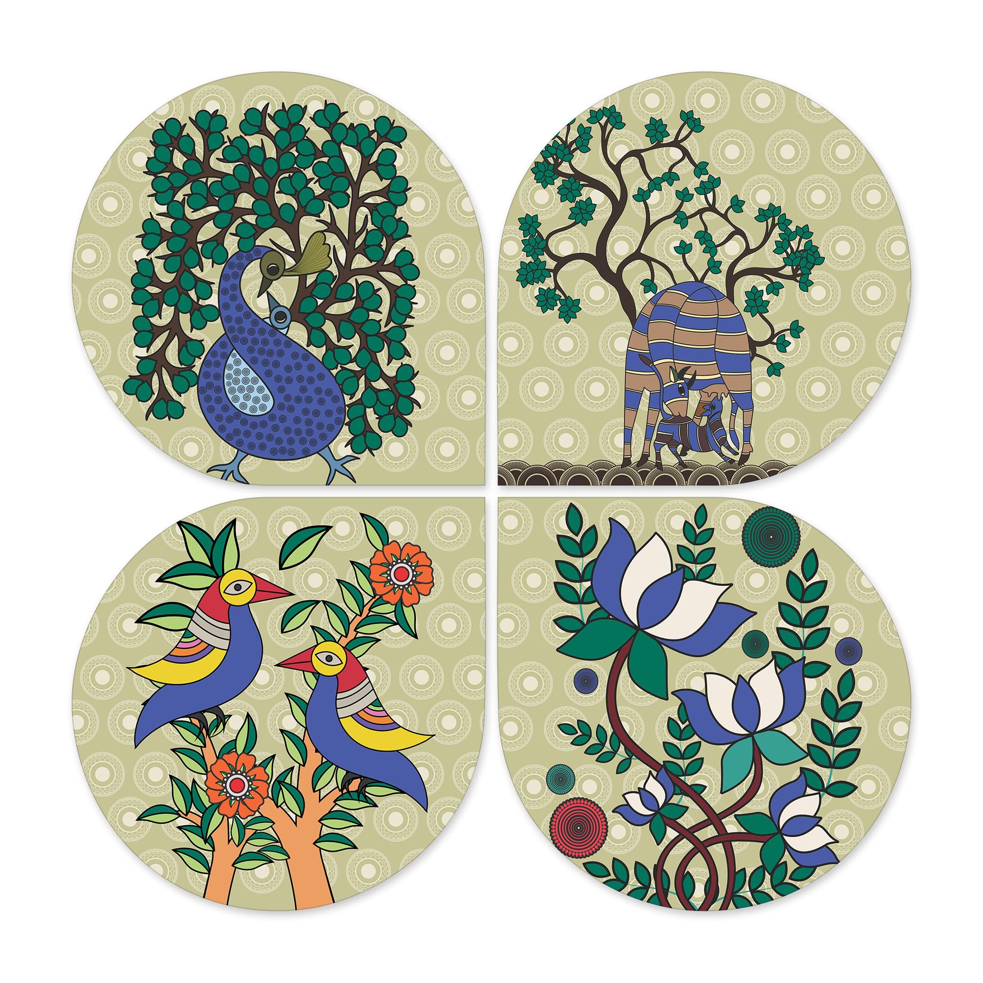 Artvibes Floral Animal Decorative Wall Art MDF Wooden Wall Hanger for Living Room | Modern Decoration Items | Festive Decor | Art Print | Paintings For Wall | Unique Gift Items (WH_8437N), Set of 4