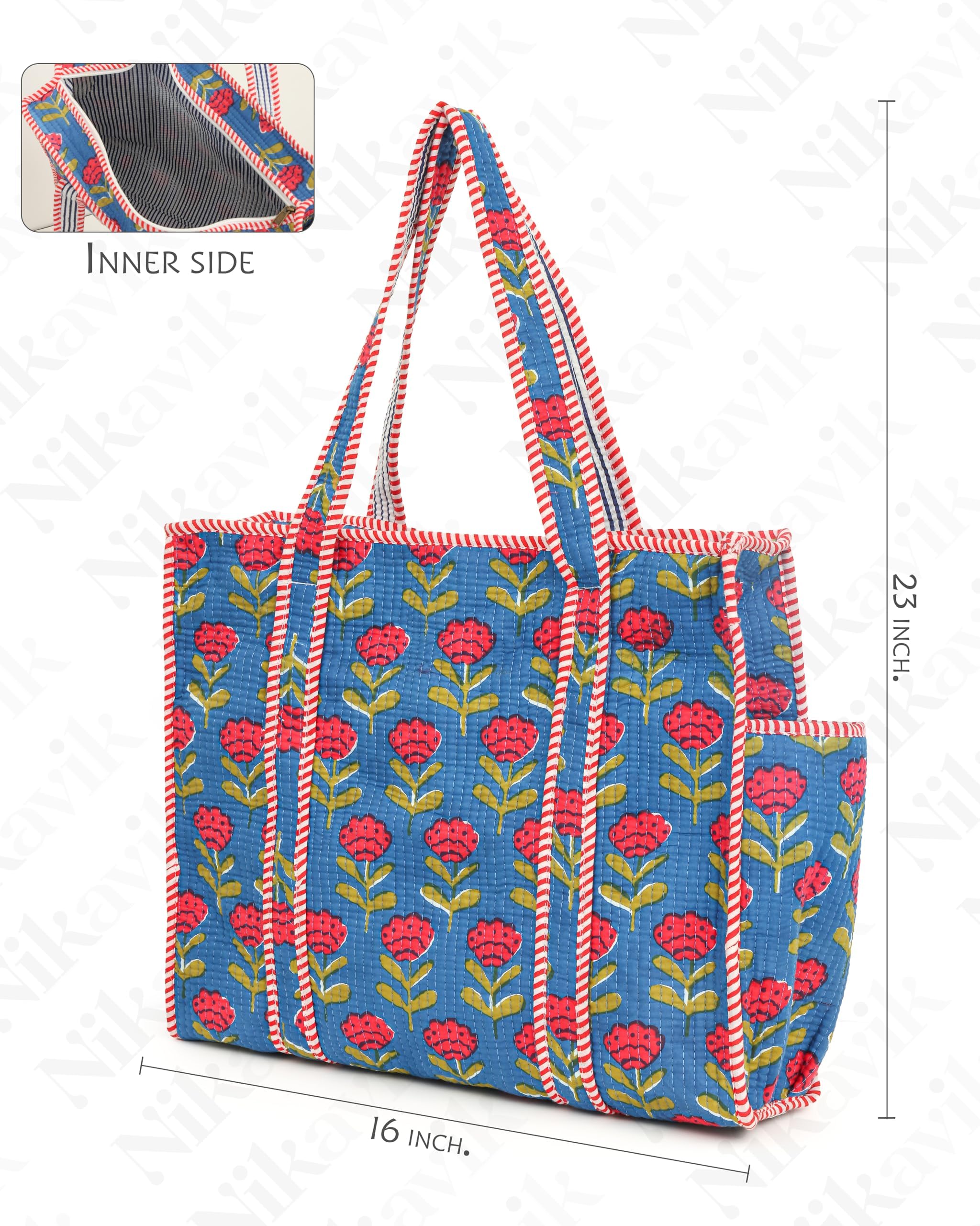 NIKAVIK 1 Tote Bags and 3 Pouch Quilted fabric Handblock Printed Tote Bag(with zip) and bottle compartment with Matching Pouches (Blue Red)