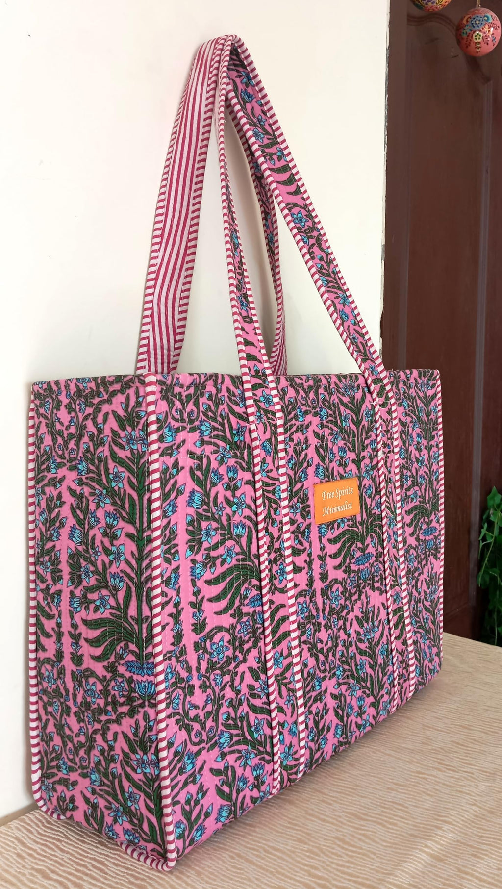 Free Spirits Minimalist Cotton Tote bag for Women | Shoulder Bag |Shopping bag |Grocery Bags | Eco friendly Bags| Stylish Quilted handBag |Vegan Tote Bag |Weekend Bag BASE PINK Blue