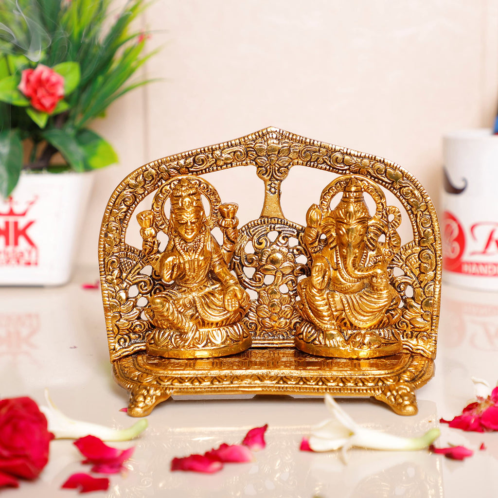 Prince Home Decor & Gifts White Metal Laxmi Ganesh Statue for Diwali Pujan Gold Plated with Agarwati Holder Diwali Offer