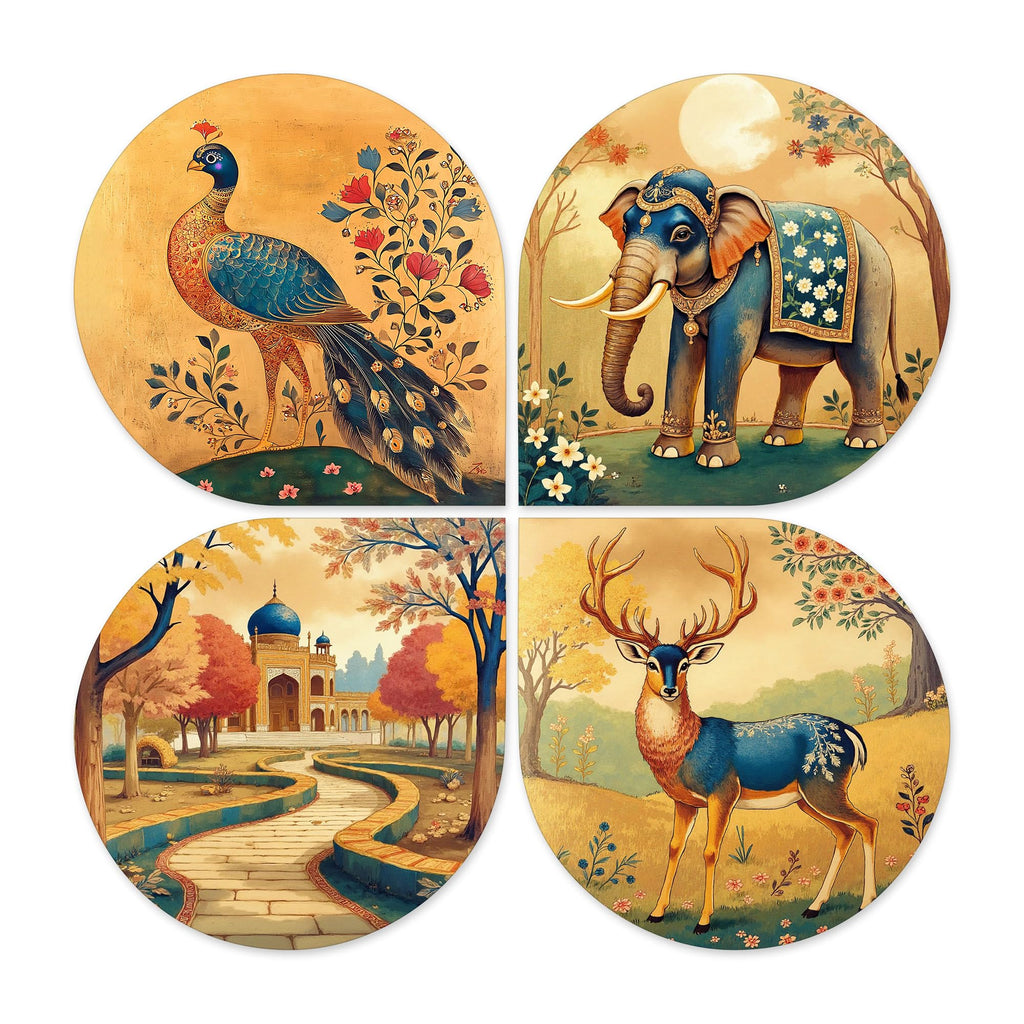Artvibes Indian Cultural Art Decorative Wall Art MDF Wooden Wall Hanger for Living Room | Room Decoration | Handcrafted Art | Wall Illustrations | Artworks Hangings | Gift Items (WH_8431N), Set of 4