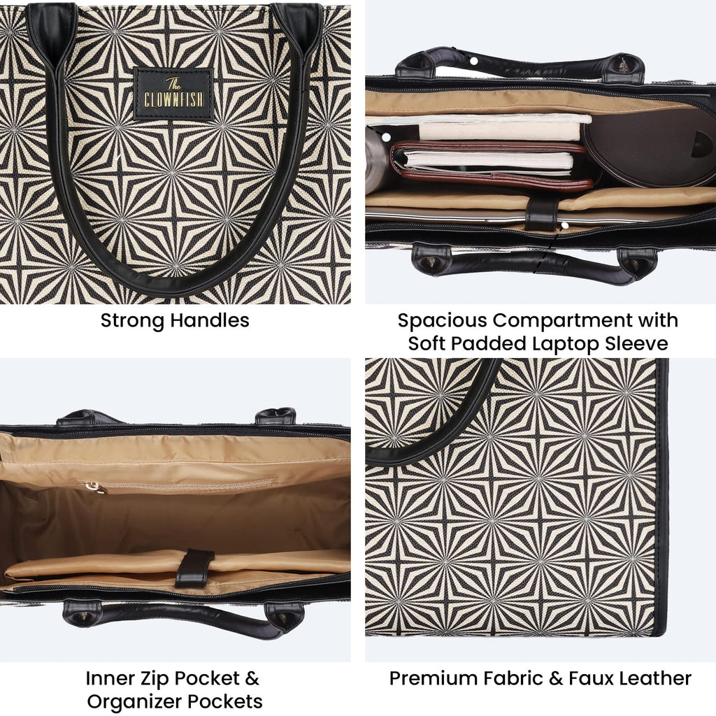 THE CLOWNFISH Opulence Series Multipurpose Handbag For Women Box Bag 14 inch Laptop Tote Printed Handicraft Fabric & Faux Leather Bag (Black-Geometric Design)
