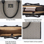 THE CLOWNFISH Opulence Series Multipurpose Handbag For Women Box Bag 14 inch Laptop Tote Printed Handicraft Fabric & Faux Leather Bag (Black-Geometric Design)