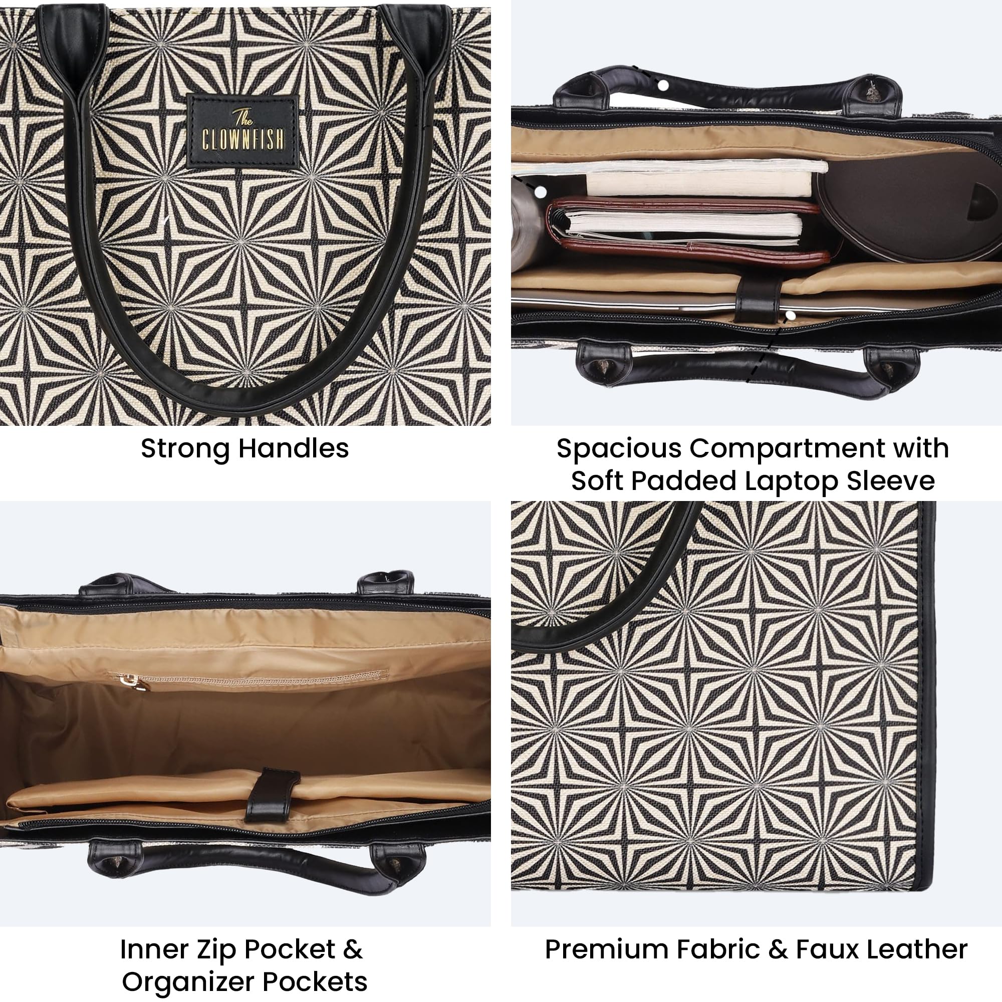 THE CLOWNFISH Opulence Series Multipurpose Handbag For Women Box Bag 14 inch Laptop Tote Printed Handicraft Fabric & Faux Leather Bag (Black-Geometric Design)