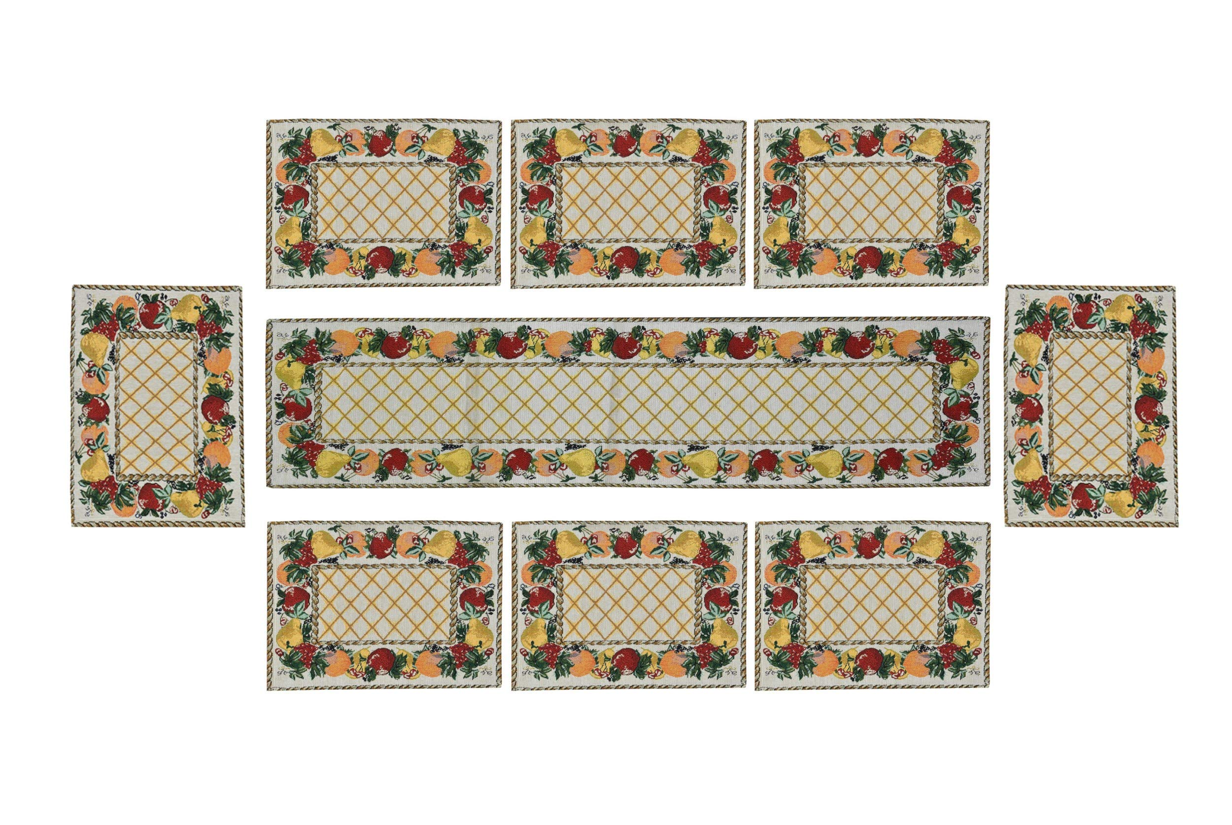 Galaxy Home Decor Dining Table 8 Table Mats with Runner (Mat 13x18 inches and Runner 13x54 inches) Washable Cotton Linen Mat Jacquard Fabric, Multicolor (Fruits Design, 8 Mats with Runner) Kafalo