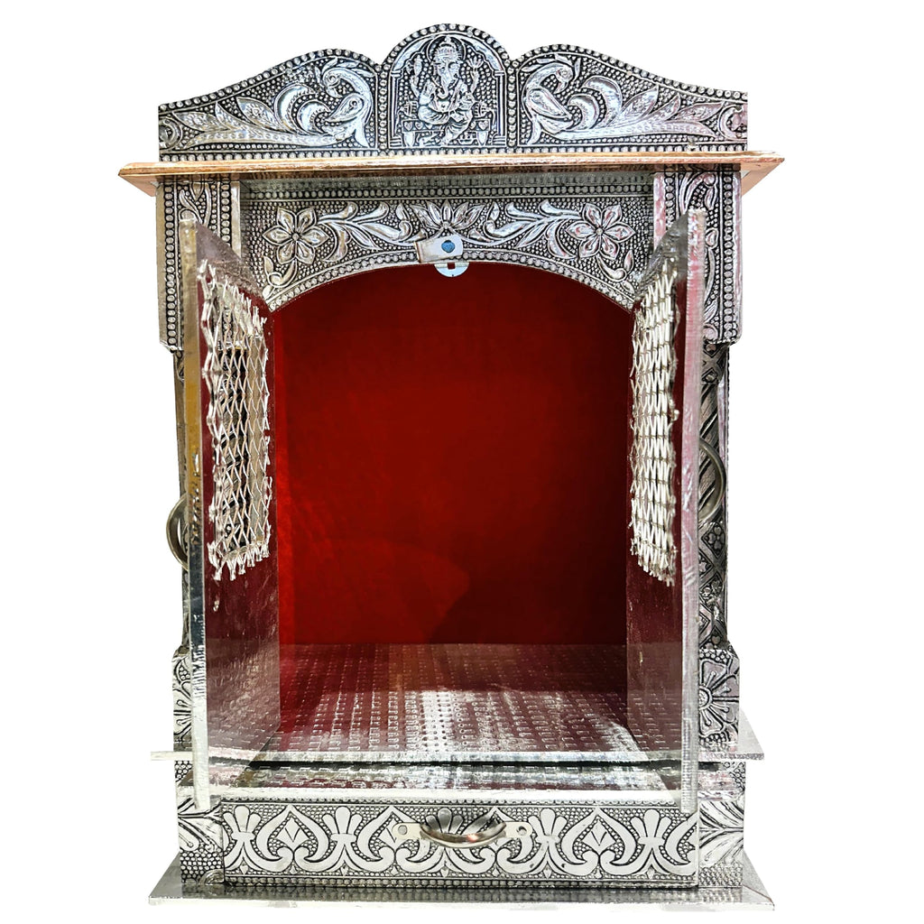 Balveer Enterprises Pooja Mandir for Home, Handcrafted German Oxidized Temple With Aluminium and Copper Plating - Silver (12 * 6 Inches)