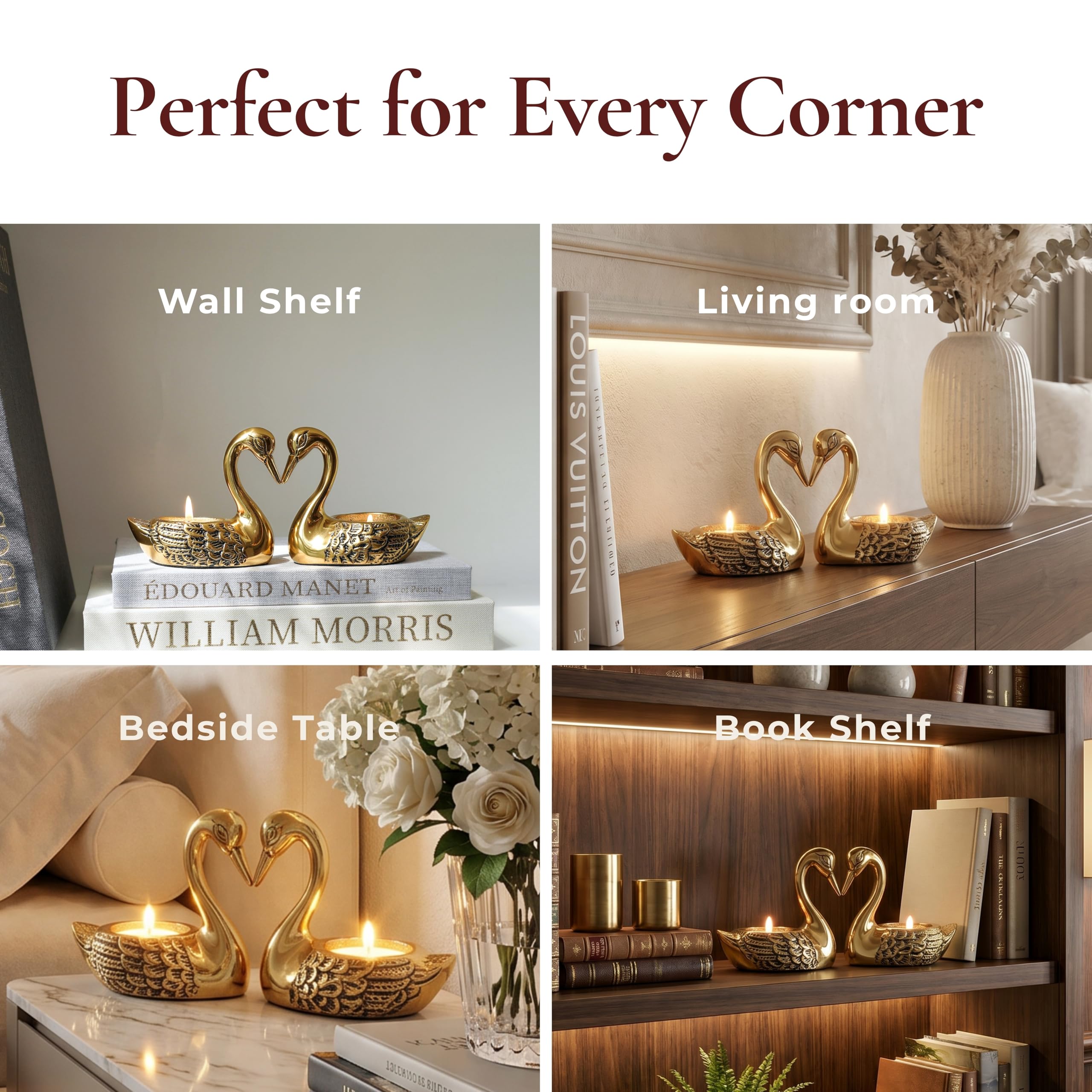 BEHOMA Metal Pair of Love Swans with 2 Tea Lights, Golden - Pack of 5