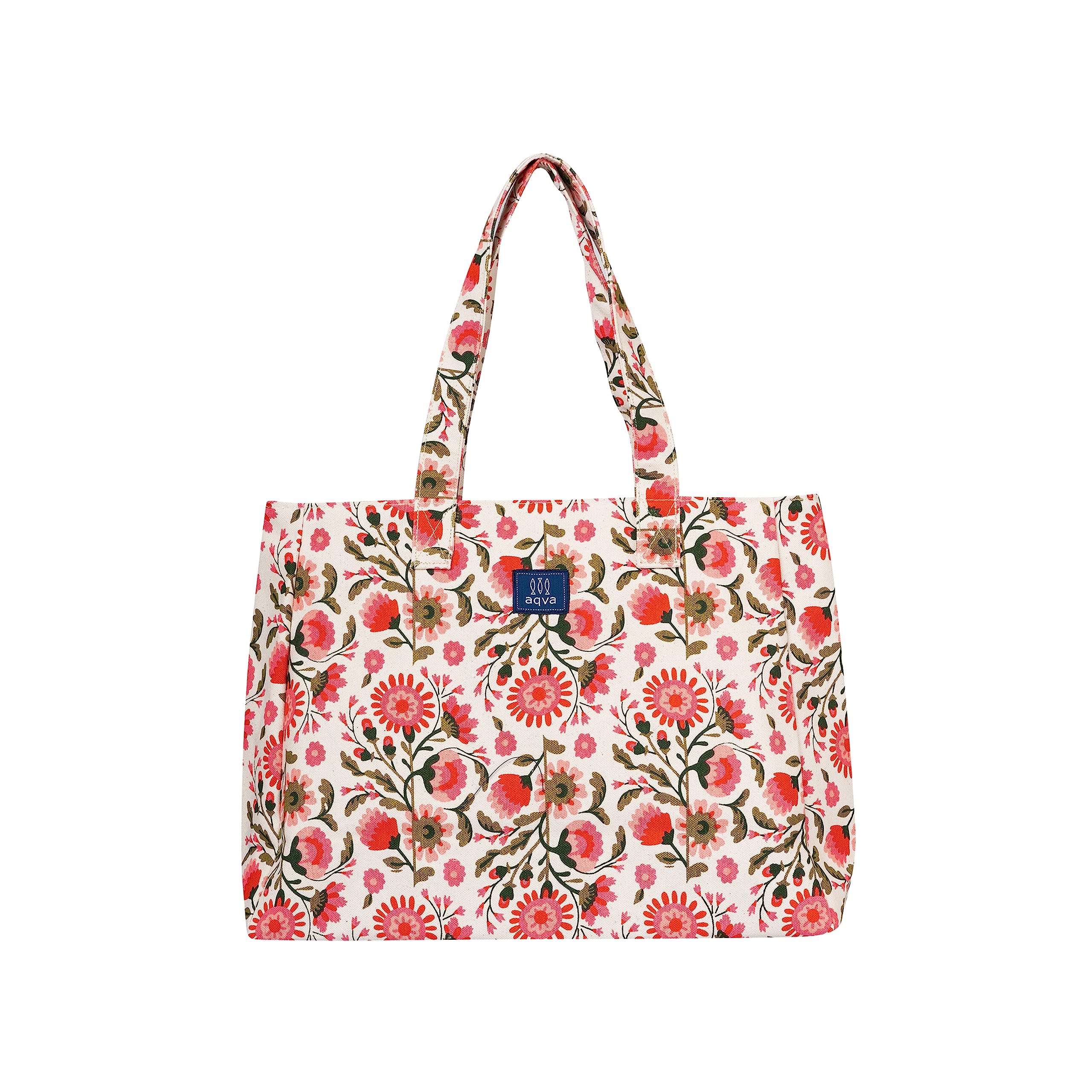 AQVA Printed Cotton Structured Canvas Tote Bag for Women | Large Capacity | Stylish Multipurpose Shoulder Bag with Zip Closure | Hand Bag for Laptop Office, Travel & Shopping (Jannat White Pink)