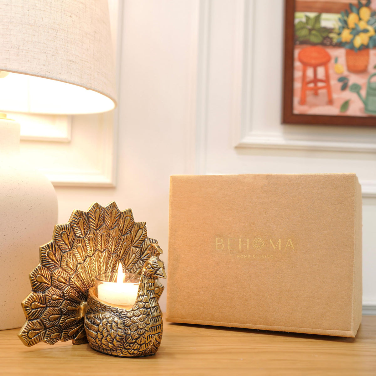 BEHOMA Metal Dancing Peacock with Scented Glass Votive Candle, Golden