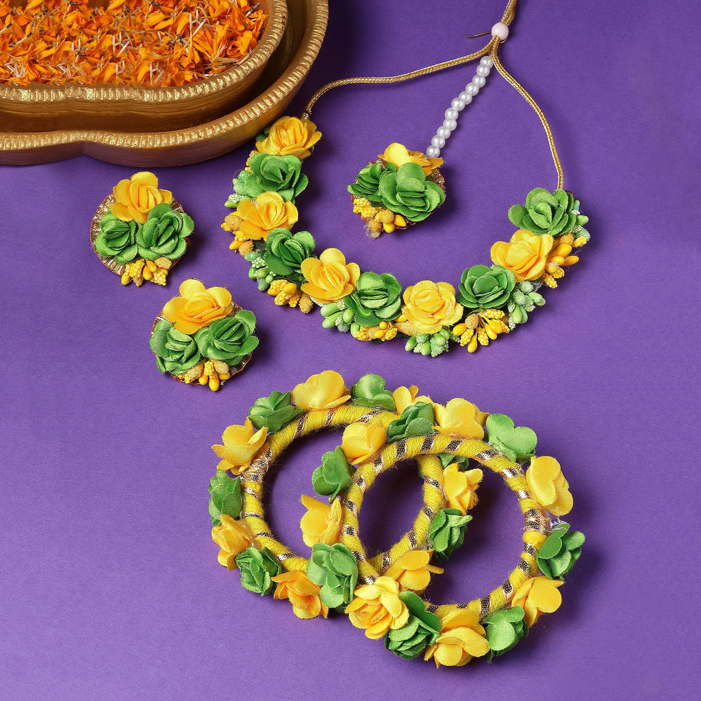 ZENEME Handmade Yellow & Light Green Floral Jewellery Set for Women & Girls | Handcrafted Flower with Pearls Necklace Set with Earrings, Maang Tikka & Pair of Hathphool Bangle | Mehendi, Haldi, Wedding & Bridal Jewallery`
